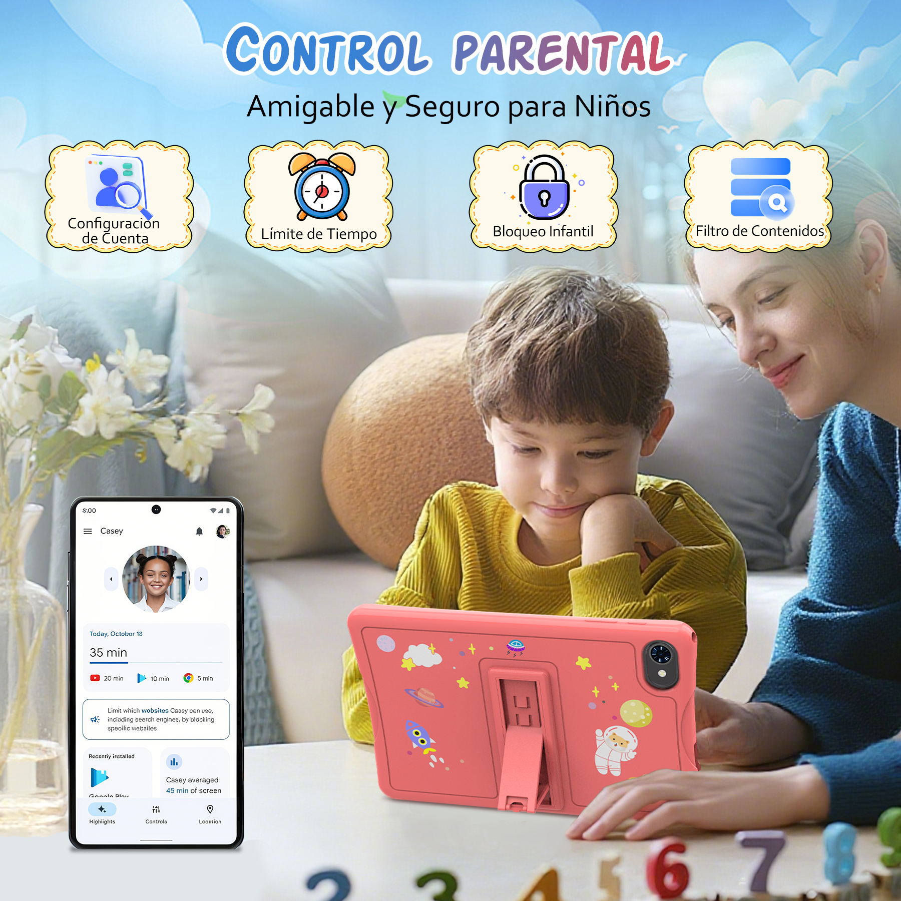 Un niño y una mujer con una tableta. La pantalla muestra una aplicación de control parental. Los gráficos incluyen límite de tiempo y filtro de contenido.