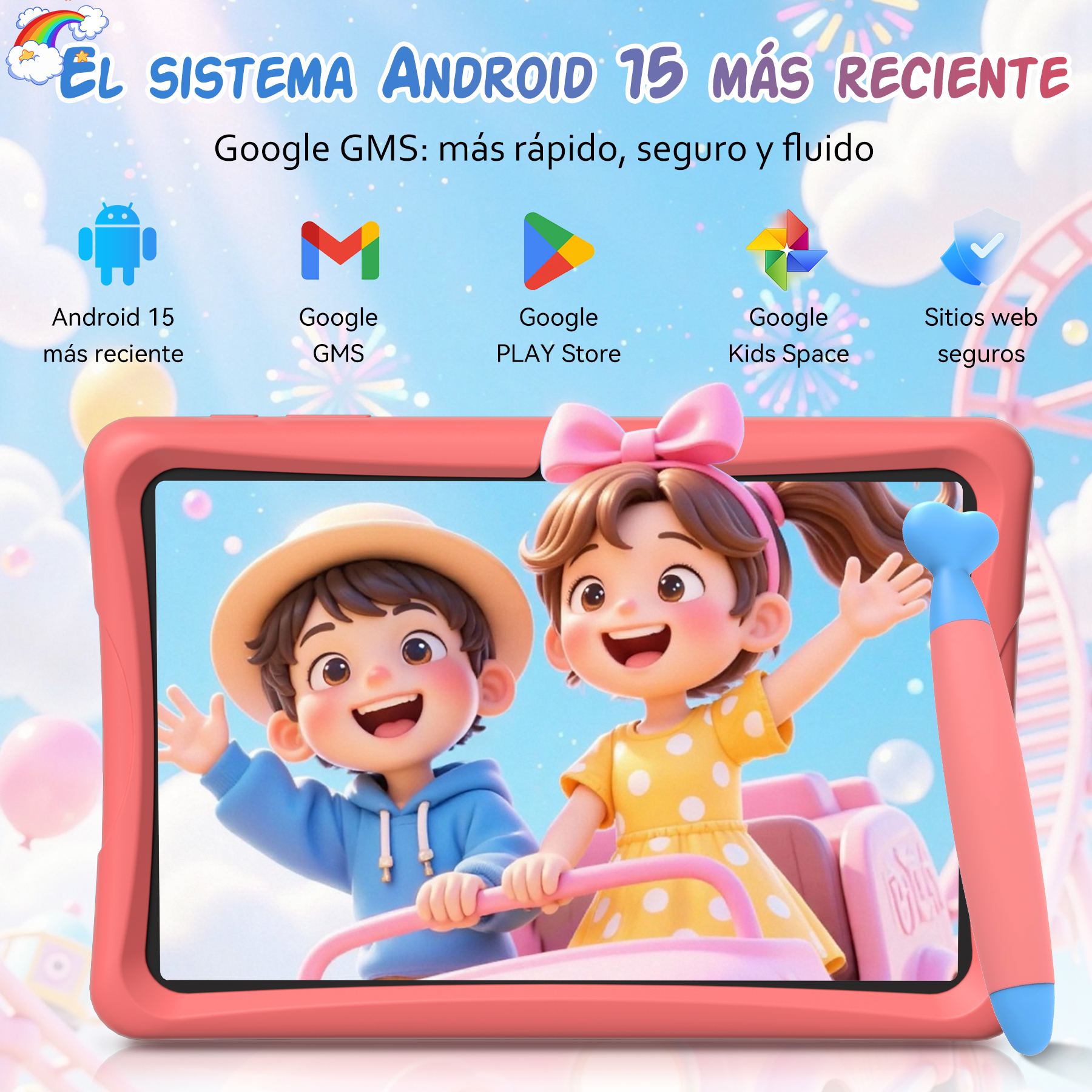 Una tableta con dos niños de dibujos animados dentro. La tableta es rosa y tiene un lápiz azul. Se anuncia Android 15.