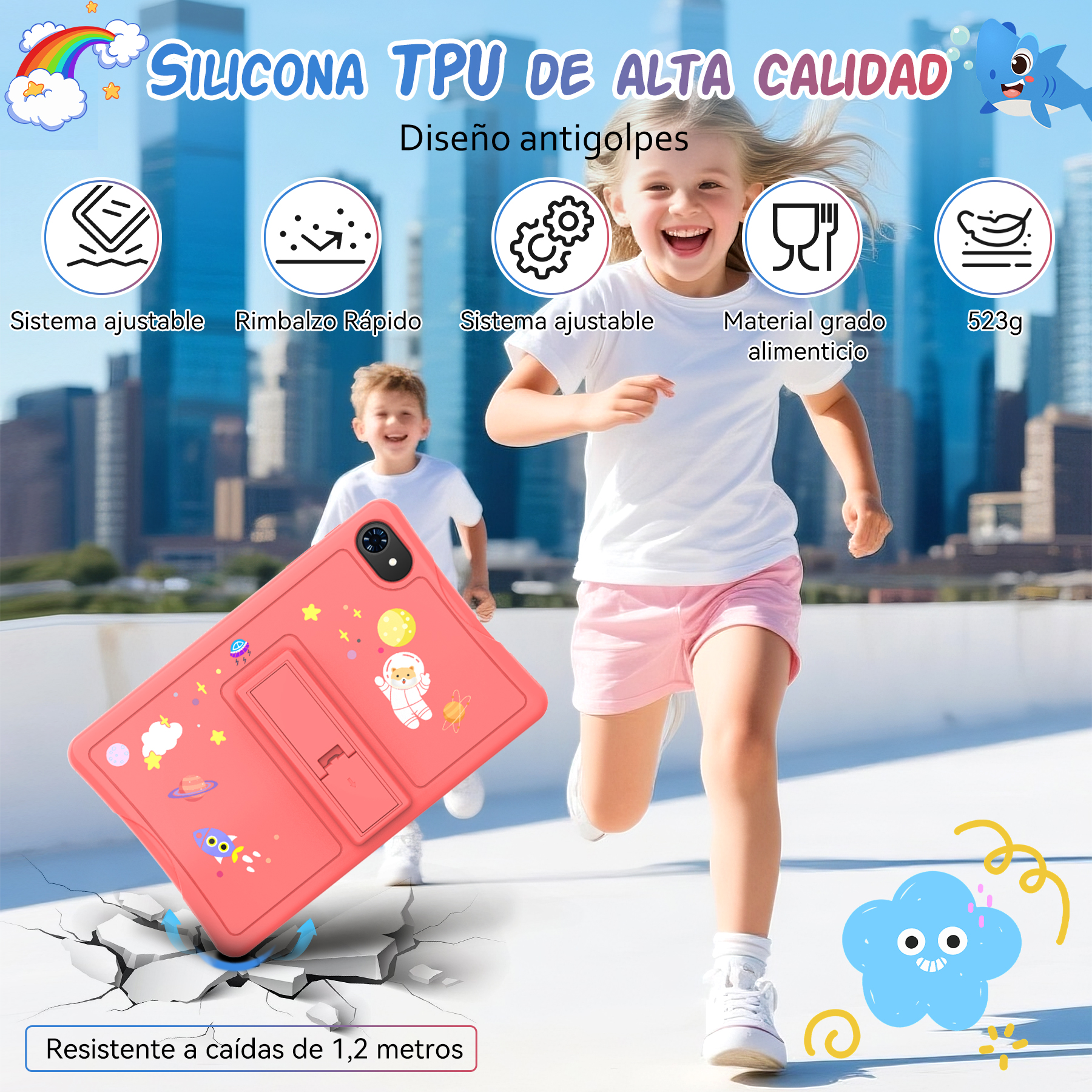 Dos niños corriendo. Una funda rosa para tableta está en primer plano. Texto en español describe el producto.