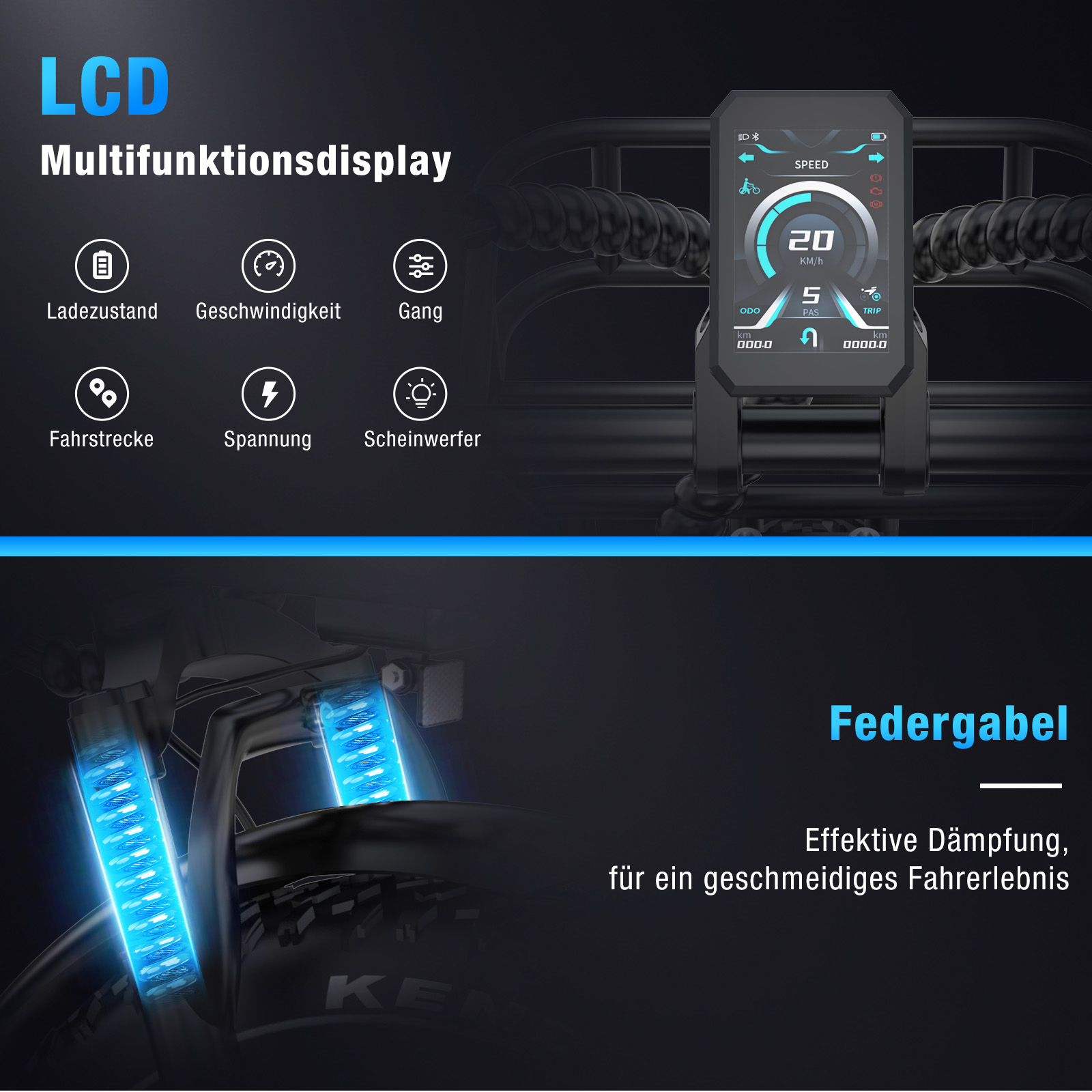 E-Bike-Display mit 20 km/h Geschwindigkeit. Symbole für Akku, Geschwindigkeit, Gang, Entfernung, Spannung und Licht.