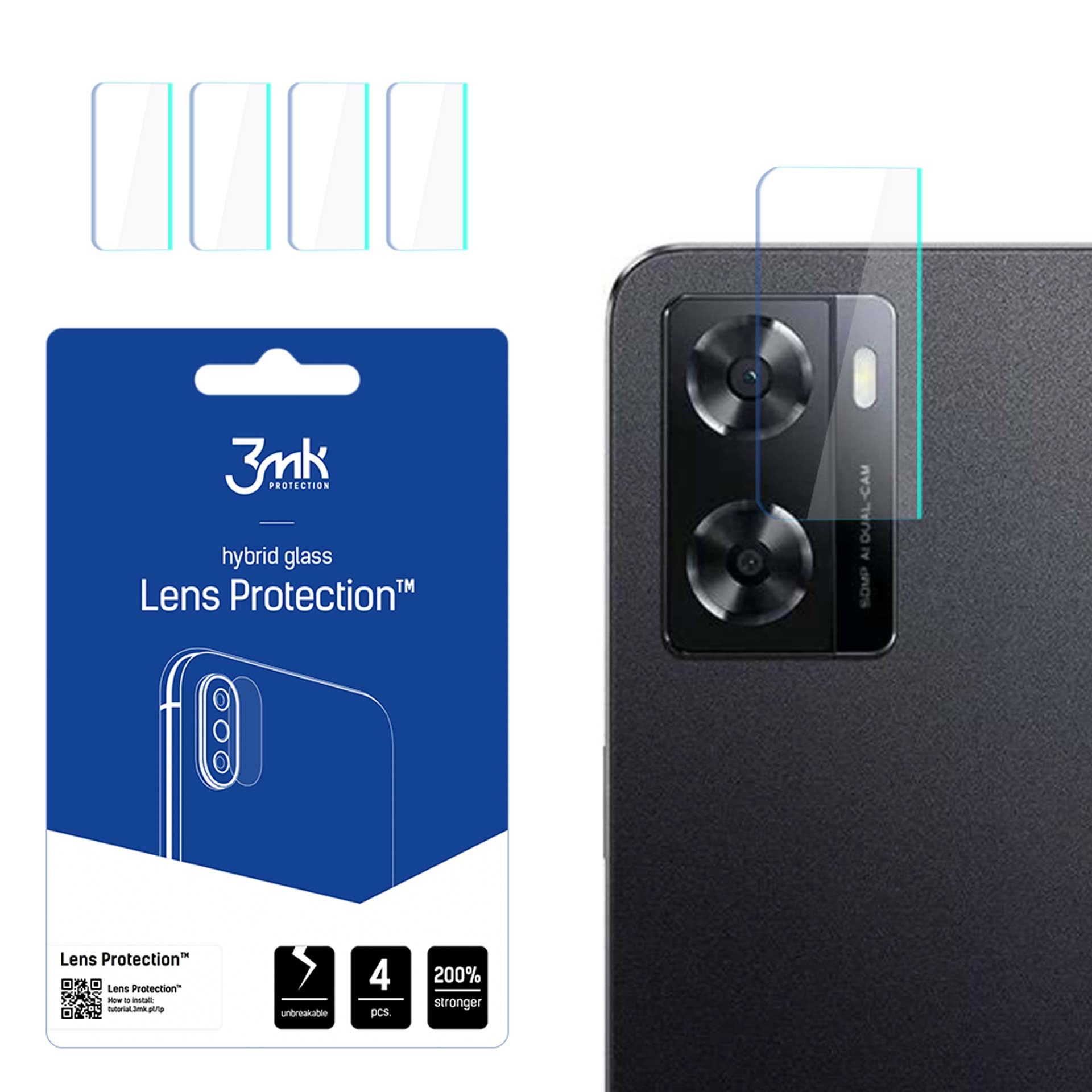 Un telefono e una confezione con protezioni per lenti sono esposti. Il telefono ha una fotocamera. La confezione è blu e bianca.