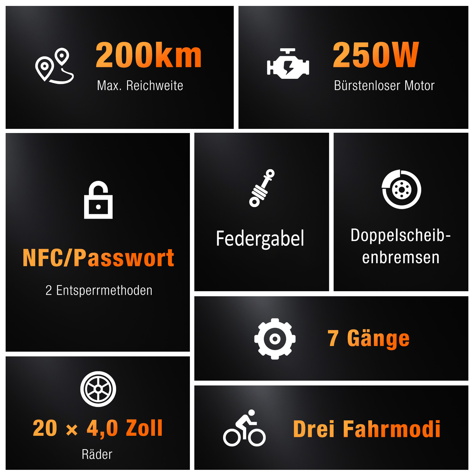 Schwarzer Hintergrund mit weißen Symbolen und orangefarbenem Text, der die Eigenschaften des Fahrrads beschreibt.