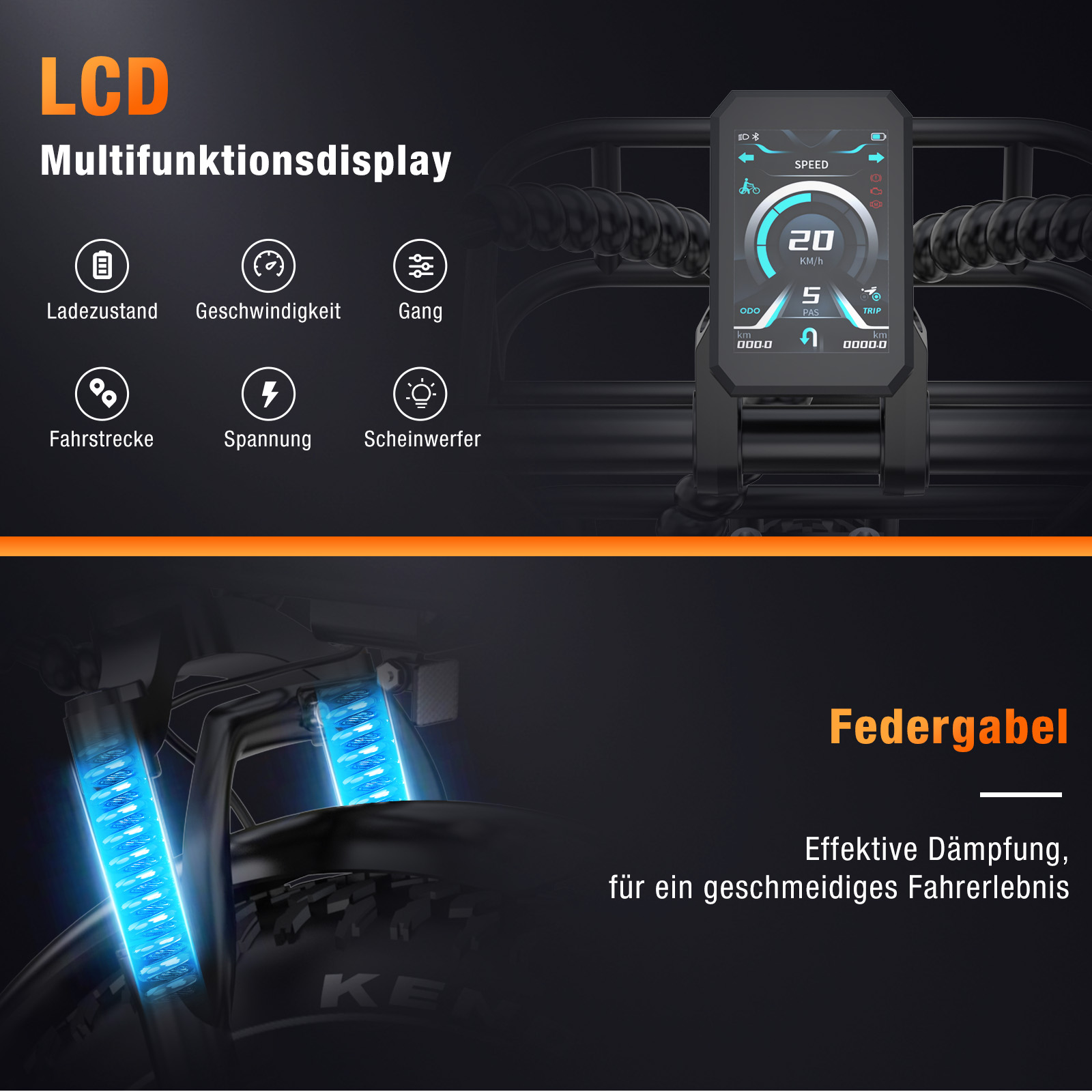 E-Bike-Display mit Geschwindigkeit, Akku und weiteren Infos. Vorderradaufhängung und Reifendetails sind ebenfalls sichtbar.
