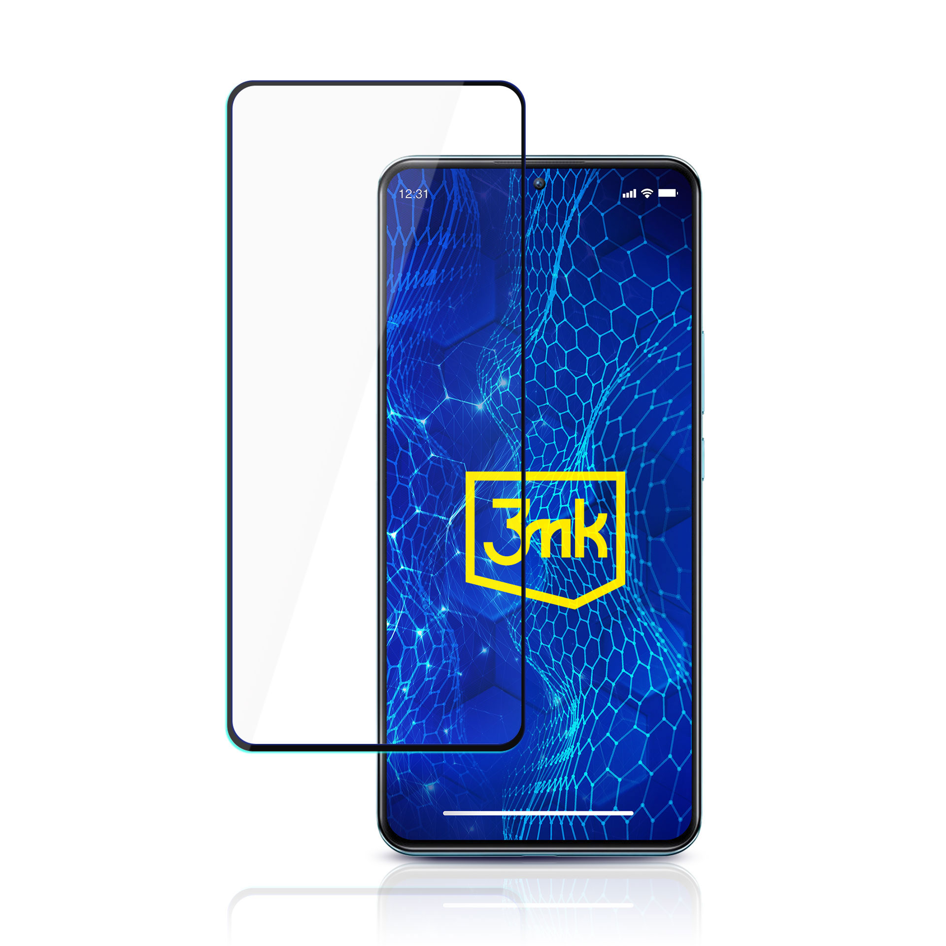 Ein Smartphone mit Displayschutzfolie. Der Bildschirm zeigt ein blaues sechseckiges Muster und ein gelbes Logo. Weißer Hintergrund.