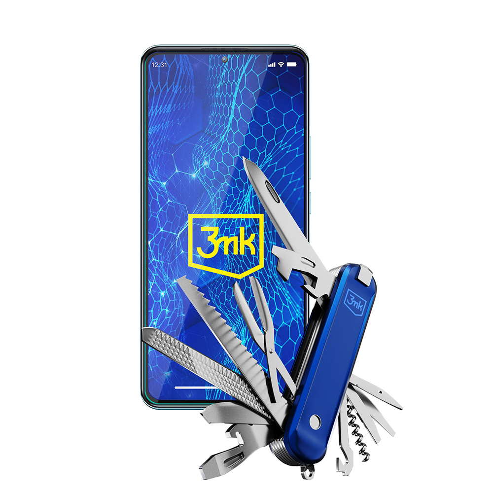 Ein blaues Schweizer Taschenmesser vor einem Smartphone. Der Bildschirm zeigt einen blauen Hintergrund mit '3mk' Logo.