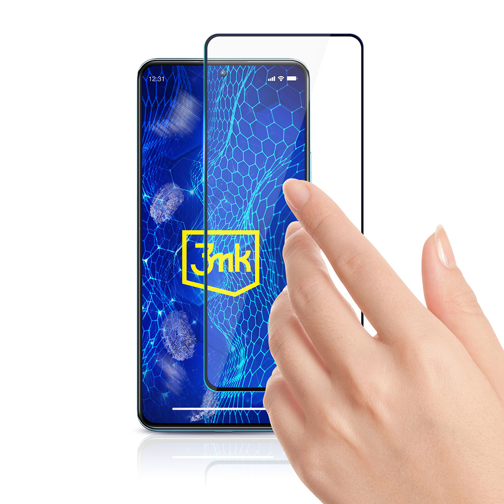 Eine Hand berührt einen Telefonbildschirm mit einem Displayschutz. Der Bildschirm zeigt ein Logo und Fingerabdrucksymbole.