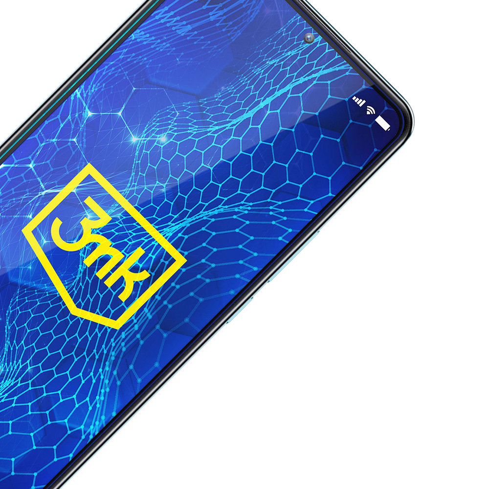Smartphone-Bildschirm mit blauem Netzwerkdesign und gelbem 3mk-Logo. Weißer Hintergrund, Telefonkante sichtbar.
