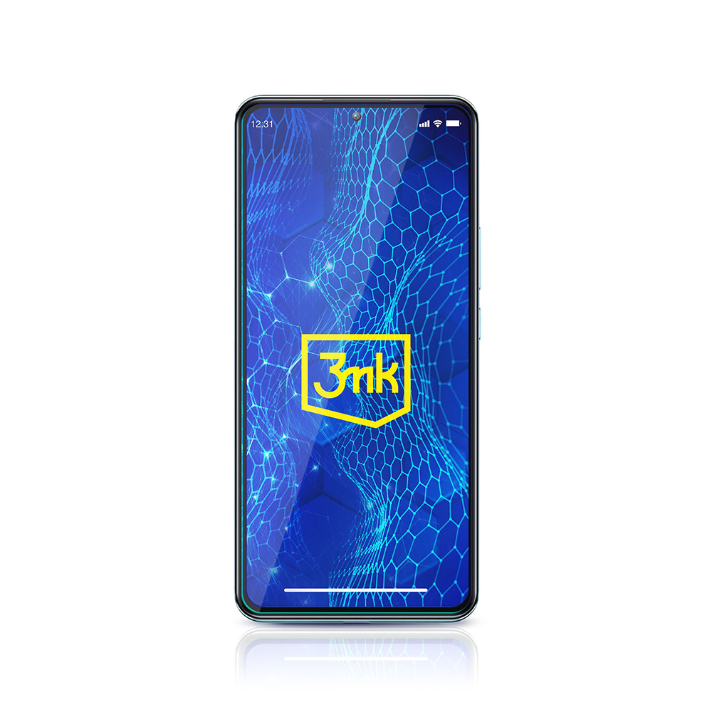 Ein Smartphone zeigt eine blaue, wabenförmige Grafik mit einem gelben '3nk'-Logo. Oben wird die Uhrzeit 12:31 angezeigt.