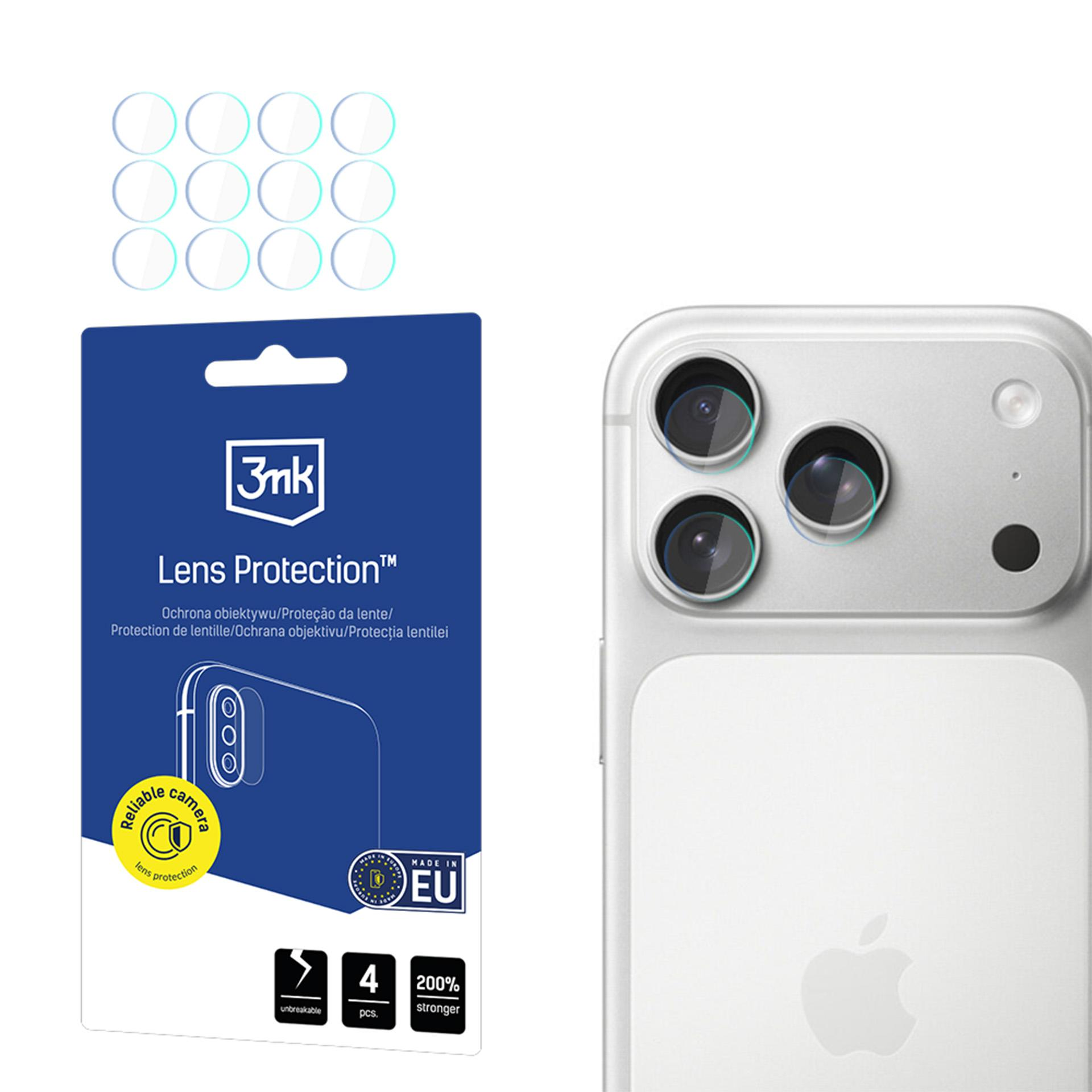 L'immagine mostra protezioni per lenti della fotocamera del telefono e un telefono. La confezione è blu e bianca.