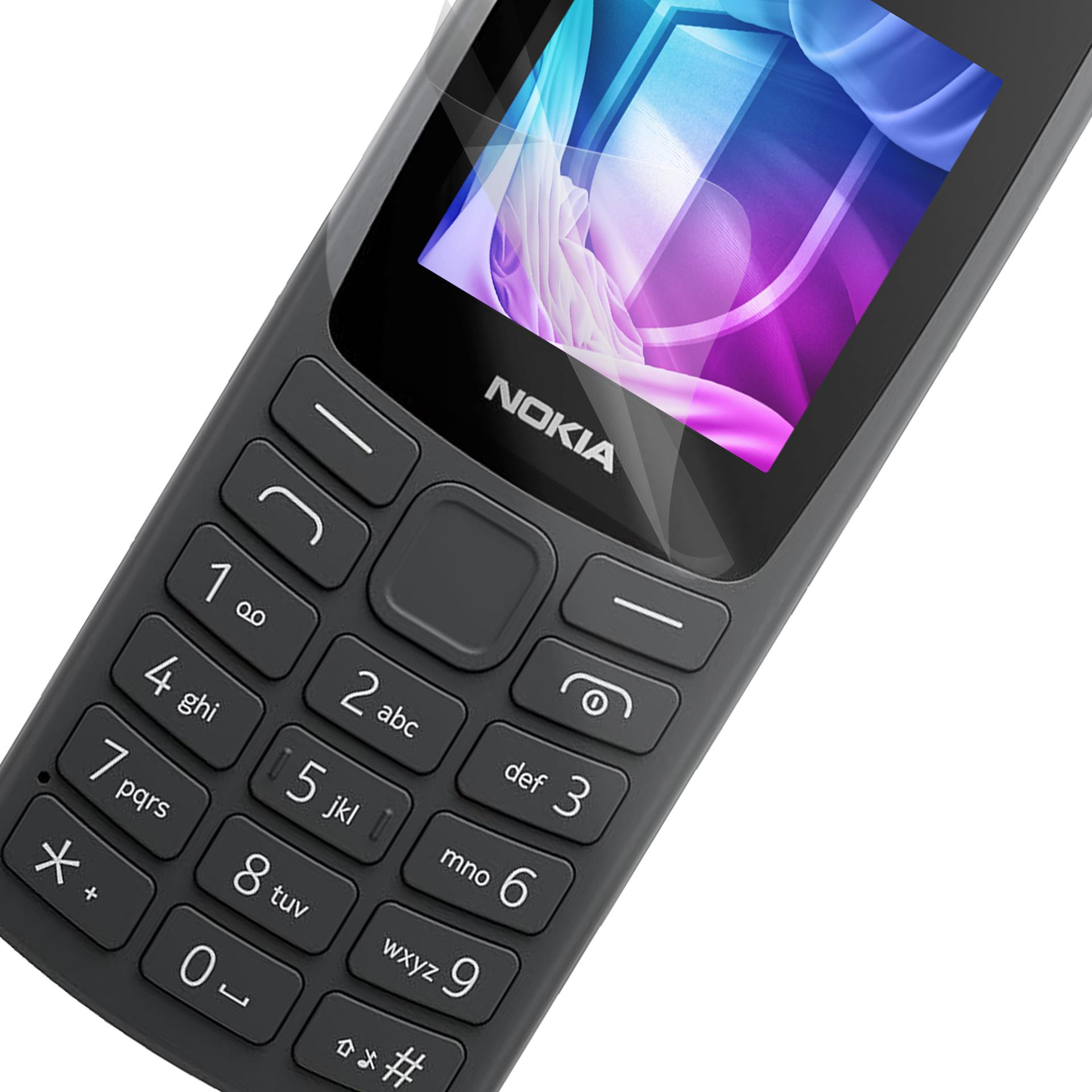 Primo piano di un telefono Nokia. Il telefono è grigio scuro e ha un display con un motivo blu e viola.