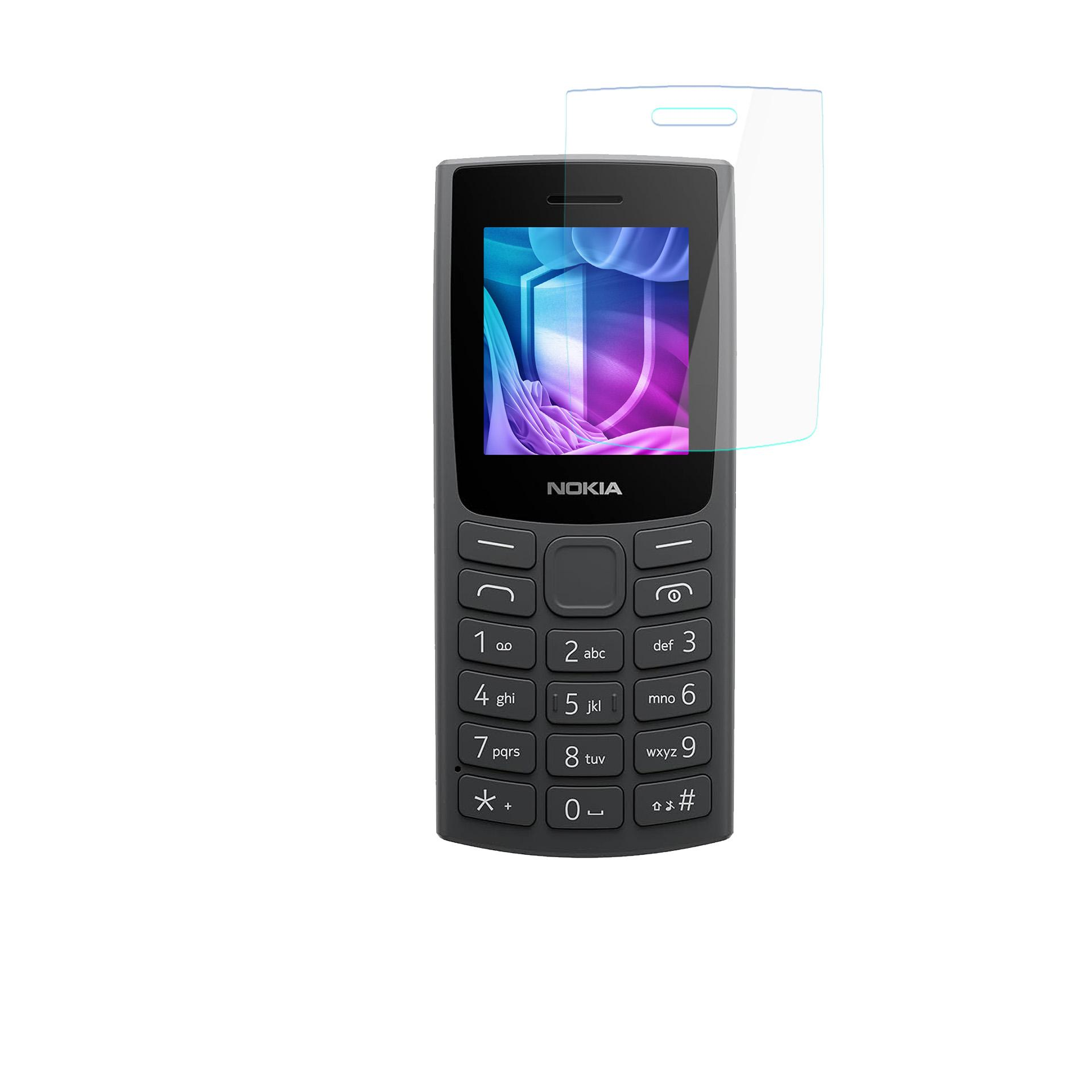 Un telefono Nokia con protezione schermo. Lo schermo mostra un'immagine colorata. Il telefono ha un tastierino numerico e il logo Nokia.