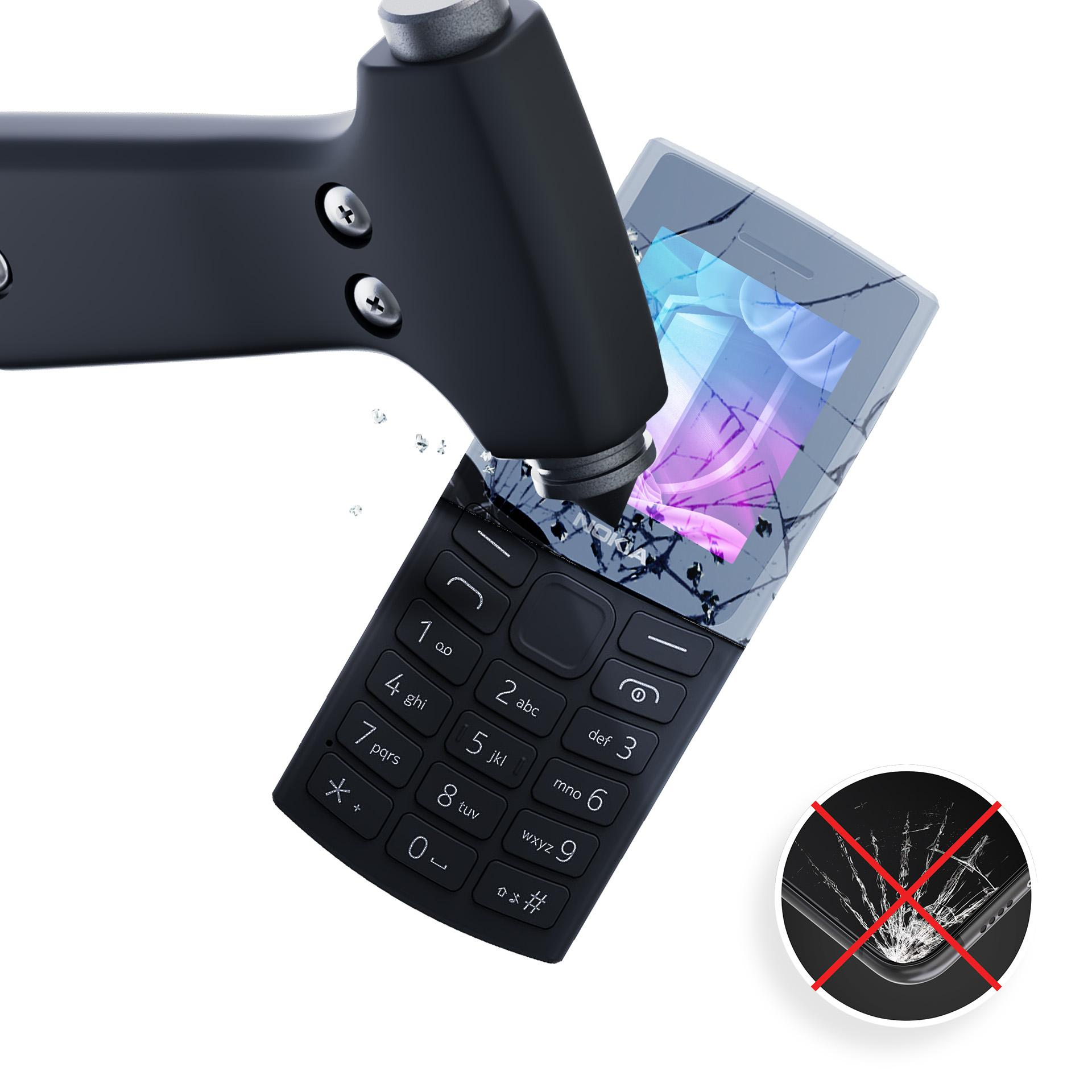 Un telefono viene colpito da un martello. Lo schermo del telefono è rotto. Un'icona di schermo non rotto è nell'angolo.