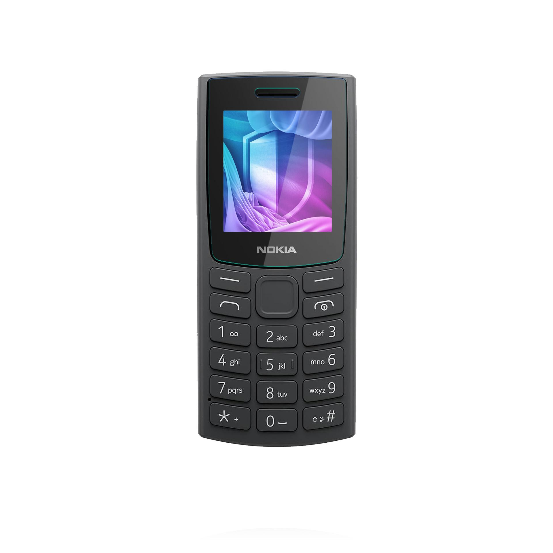 Viene mostrato un telefono Nokia grigio scuro, con uno schermo che mostra una grafica a scudo e una tastiera numerica.
