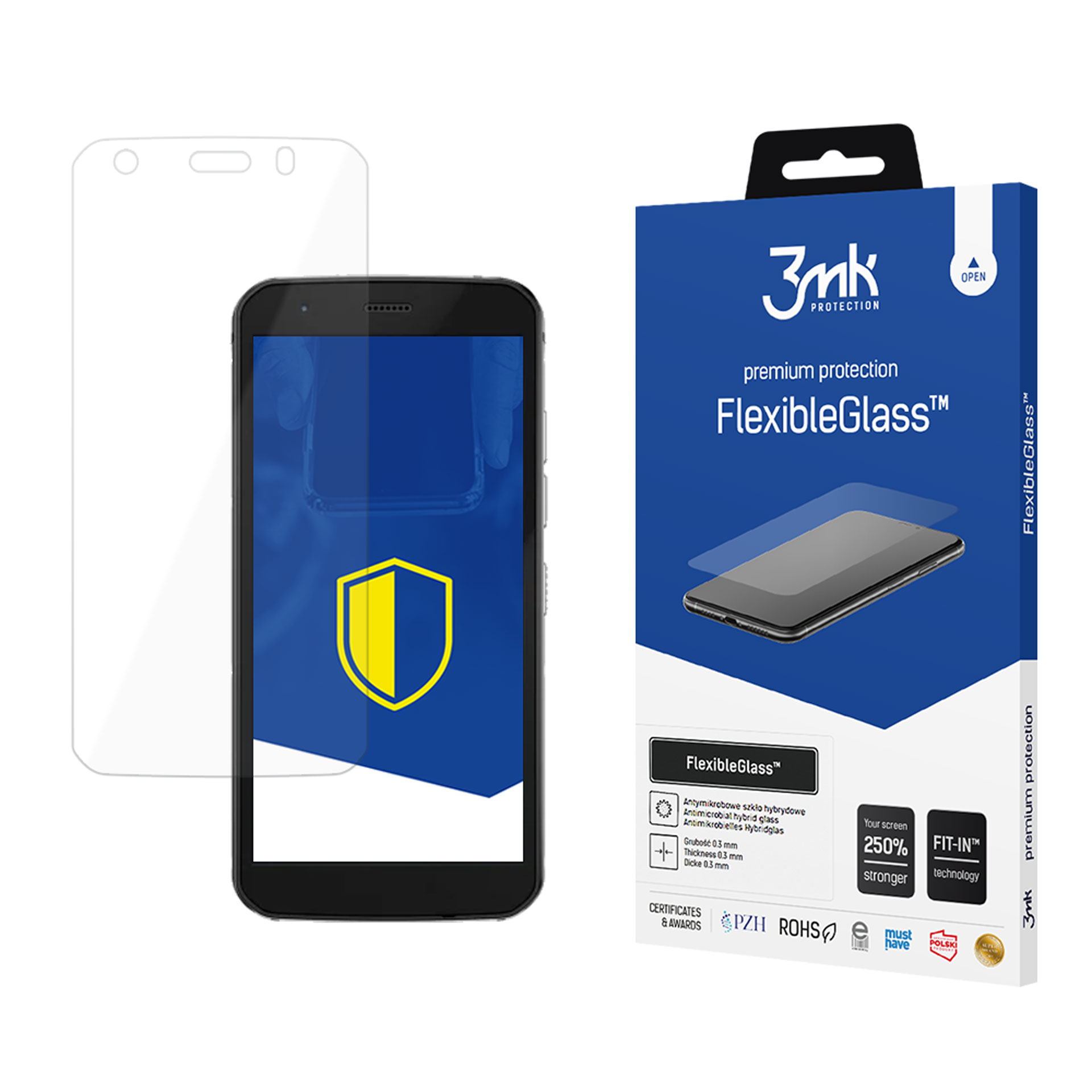 Sono mostrati un telefono e una protezione per lo schermo. La protezione è trasparente e la scatola ha il marchio e le info.