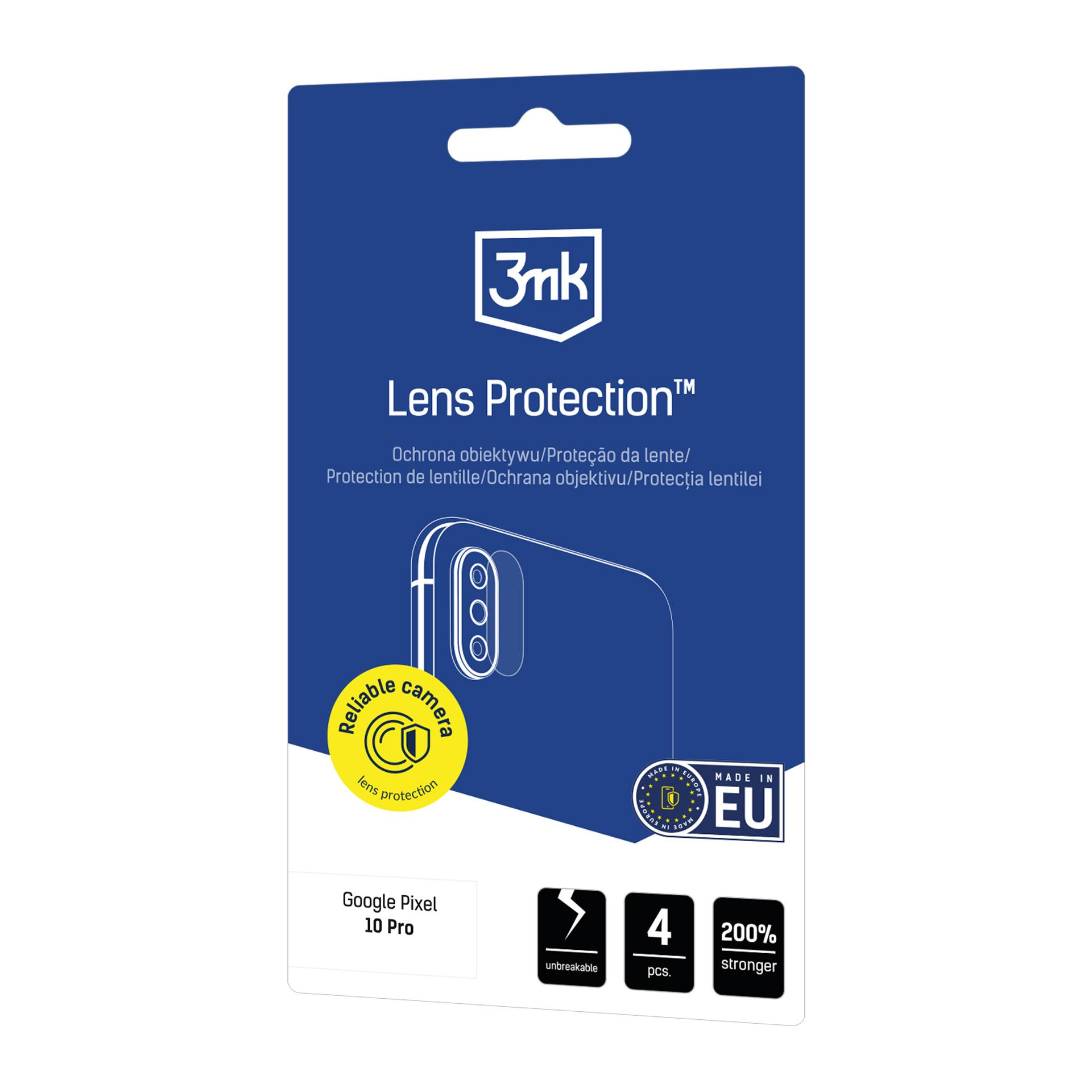 Una confezione blu mostra 'Lens Protection', con un contorno del telefono. Il testo include 'Google Pixel 10 Pro' e 'Made in EU'.