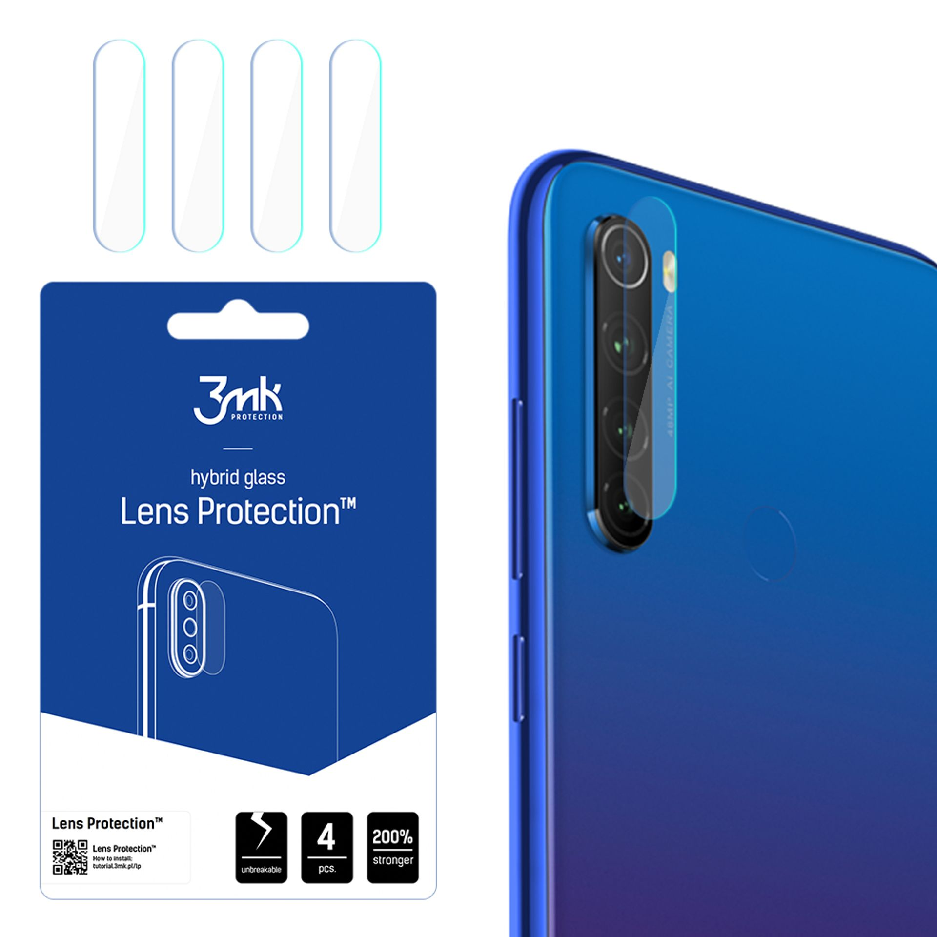 Un kit di protezione per lenti del telefono con un contorno blu. Il kit include 4 protezioni per lenti.
