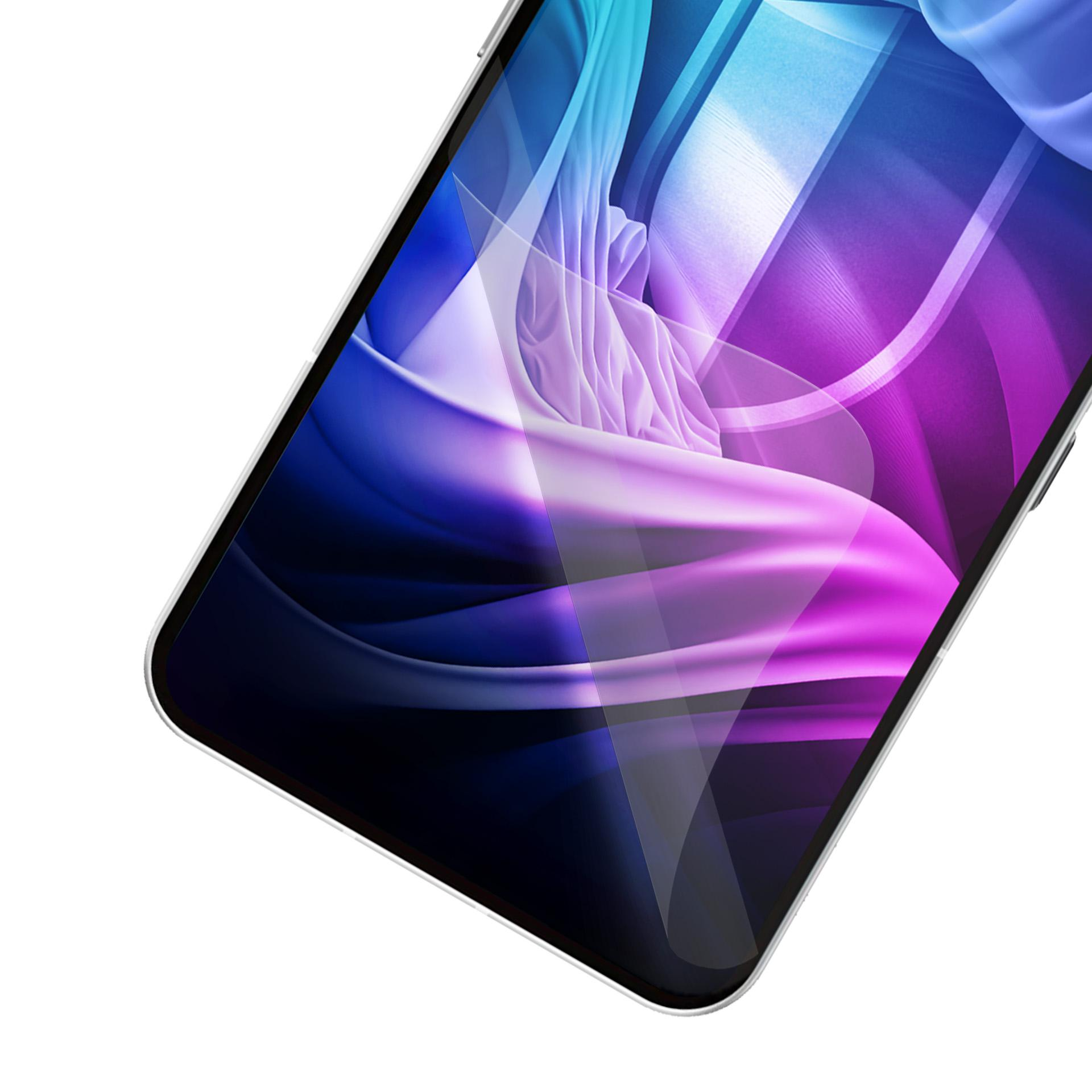 Un teléfono inteligente que muestra un diseño abstracto colorido. Los colores son azul, morado y blanco.