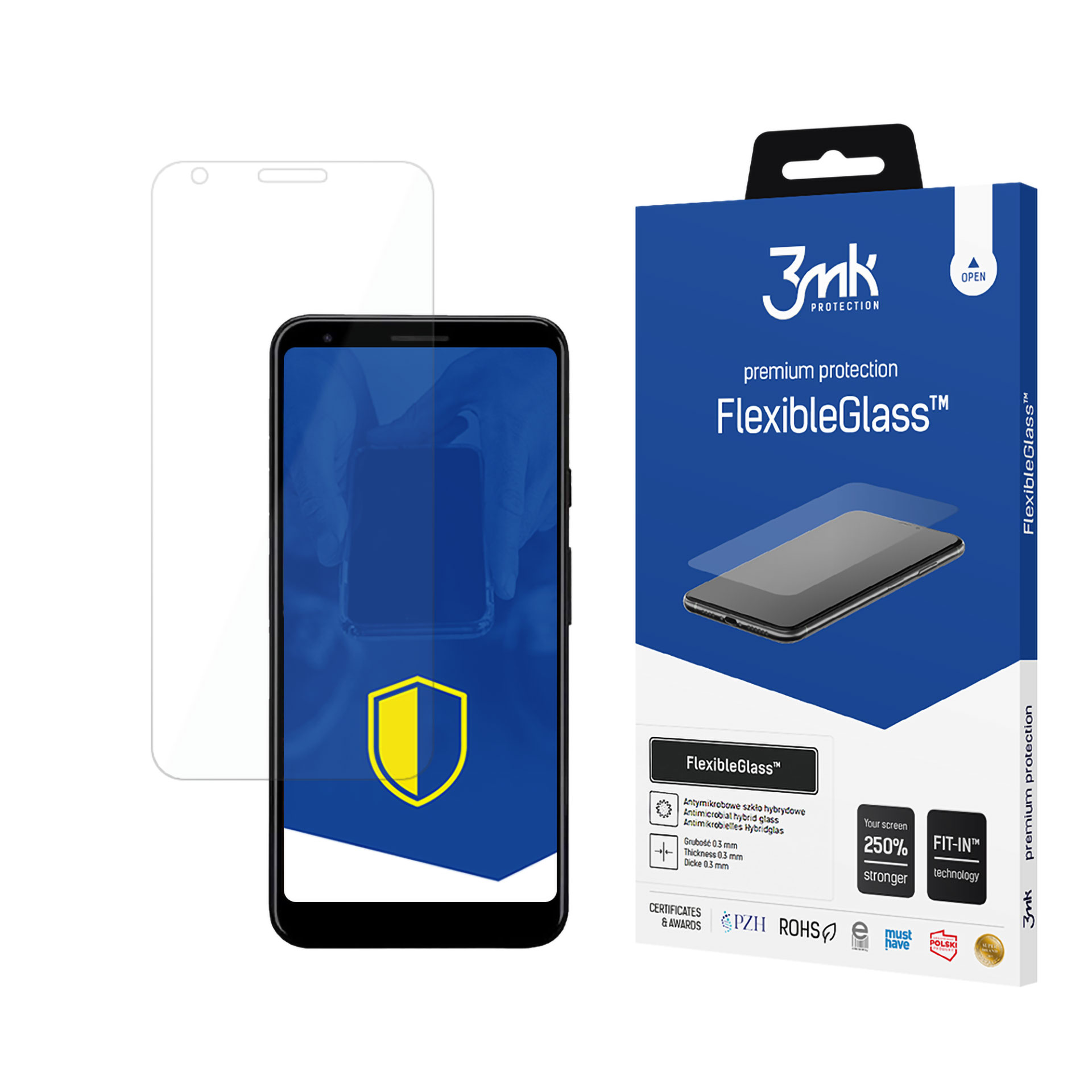 L'immagine mostra un telefono con una protezione per lo schermo e una scatola di FlexibleGlass. La scatola è blu con testo bianco e un grafico del telefono.