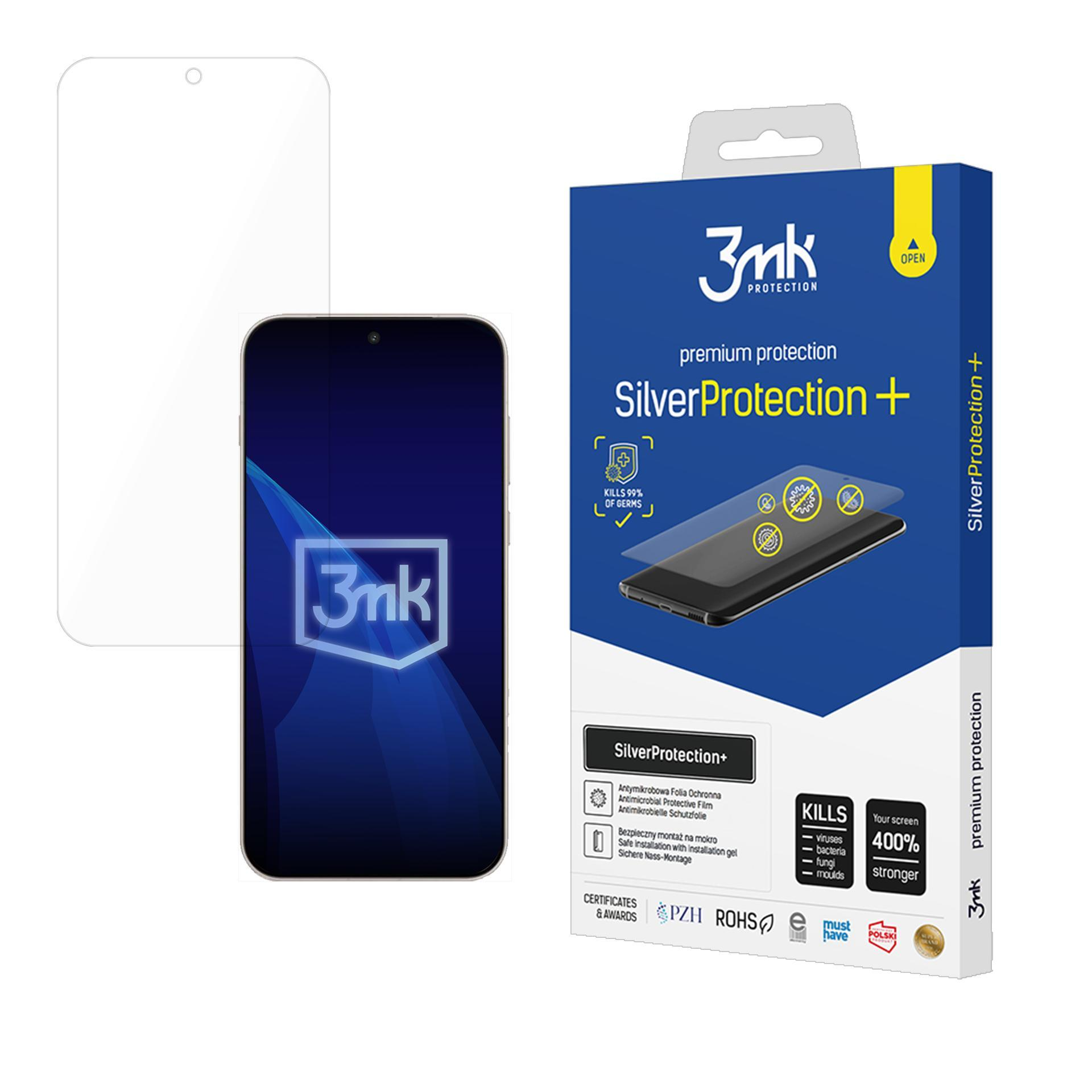 Un telefono e una protezione per lo schermo sono visualizzati. La scatola di protezione è blu con testo argentato. Il telefono è sullo sfondo.