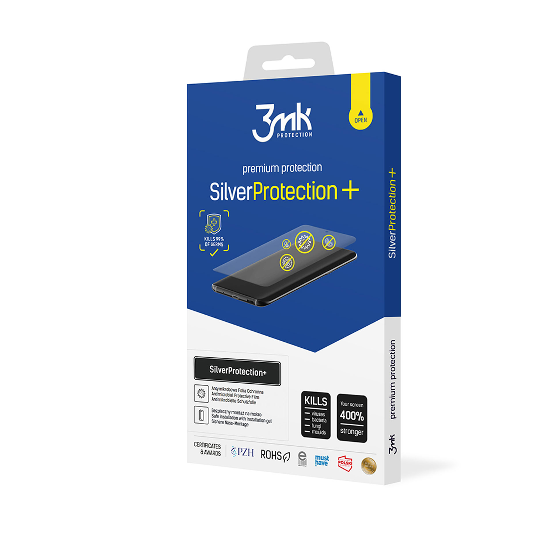 Scatola del proteggi schermo SilverProtection+. Mostra un telefono e una pellicola protettiva.