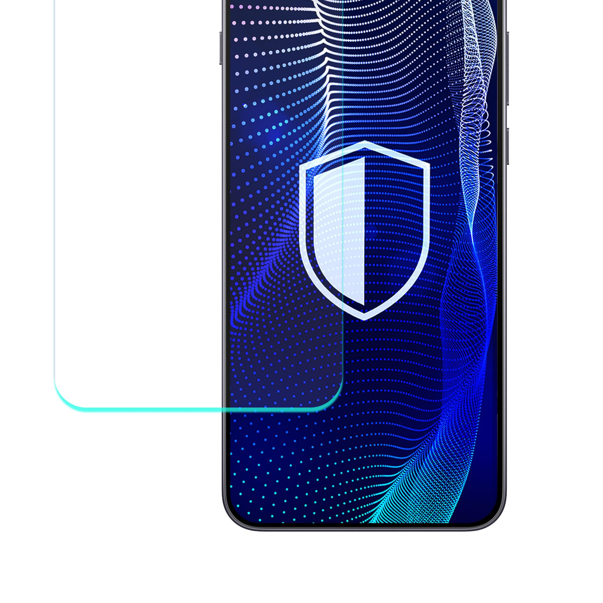 Ekran telefonu z warstwą ochronną. Ikona tarczy znajduje się na ekranie, nad niebieskim wzorem fal.