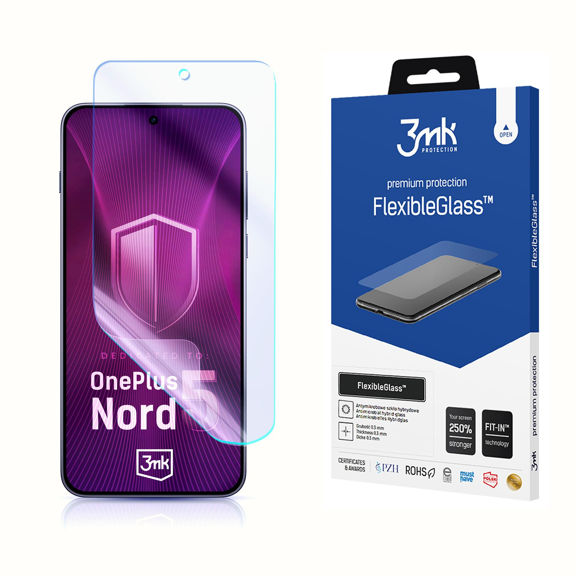 Un proteggi schermo e una scatola. Il proteggi schermo è per un OnePlus Nord. Sulla scatola c'è scritto 'FlexibleGlass'.