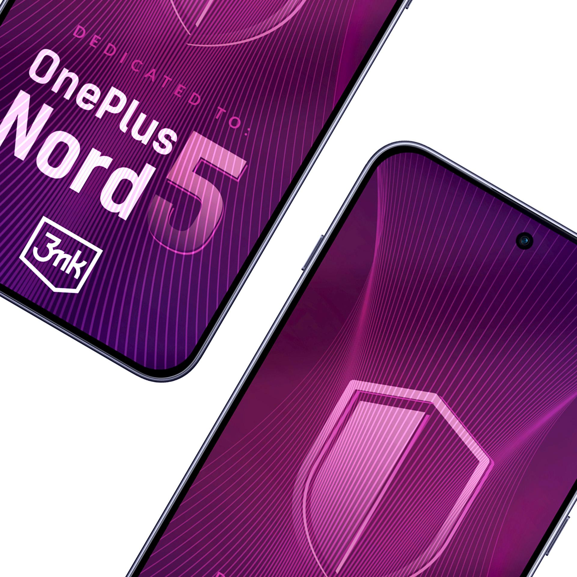 Due telefoni con sfondi viola sfumati. Il testo OnePlus Nord 5 è visibile sul telefono superiore.