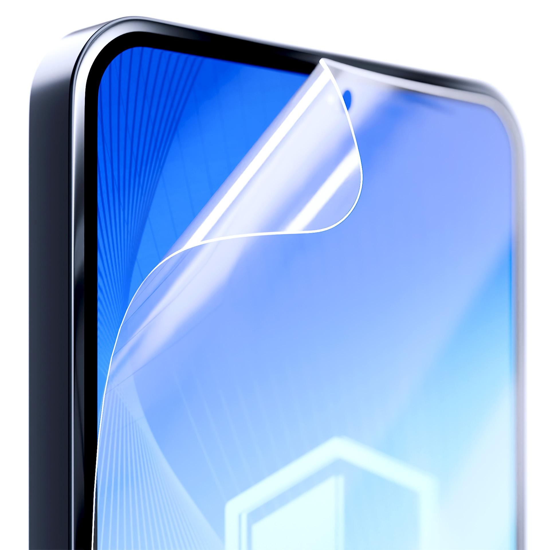 Uno smartphone con una protezione schermo che si stacca. Lo schermo è blu.