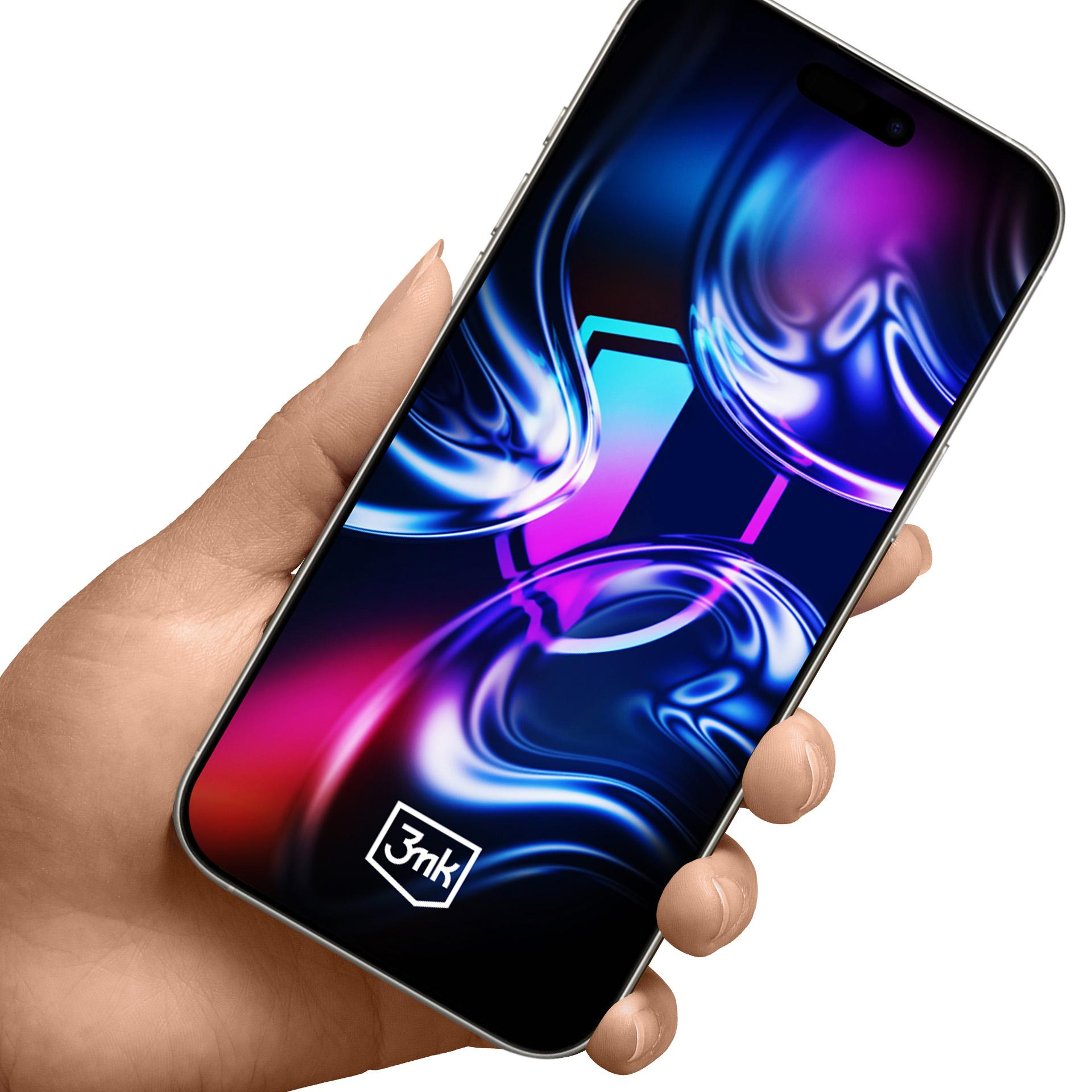 Dłoń trzyma telefon z kolorowym, abstrakcyjnym wzorem na ekranie. Logo '3mk' jest widoczne na dole.