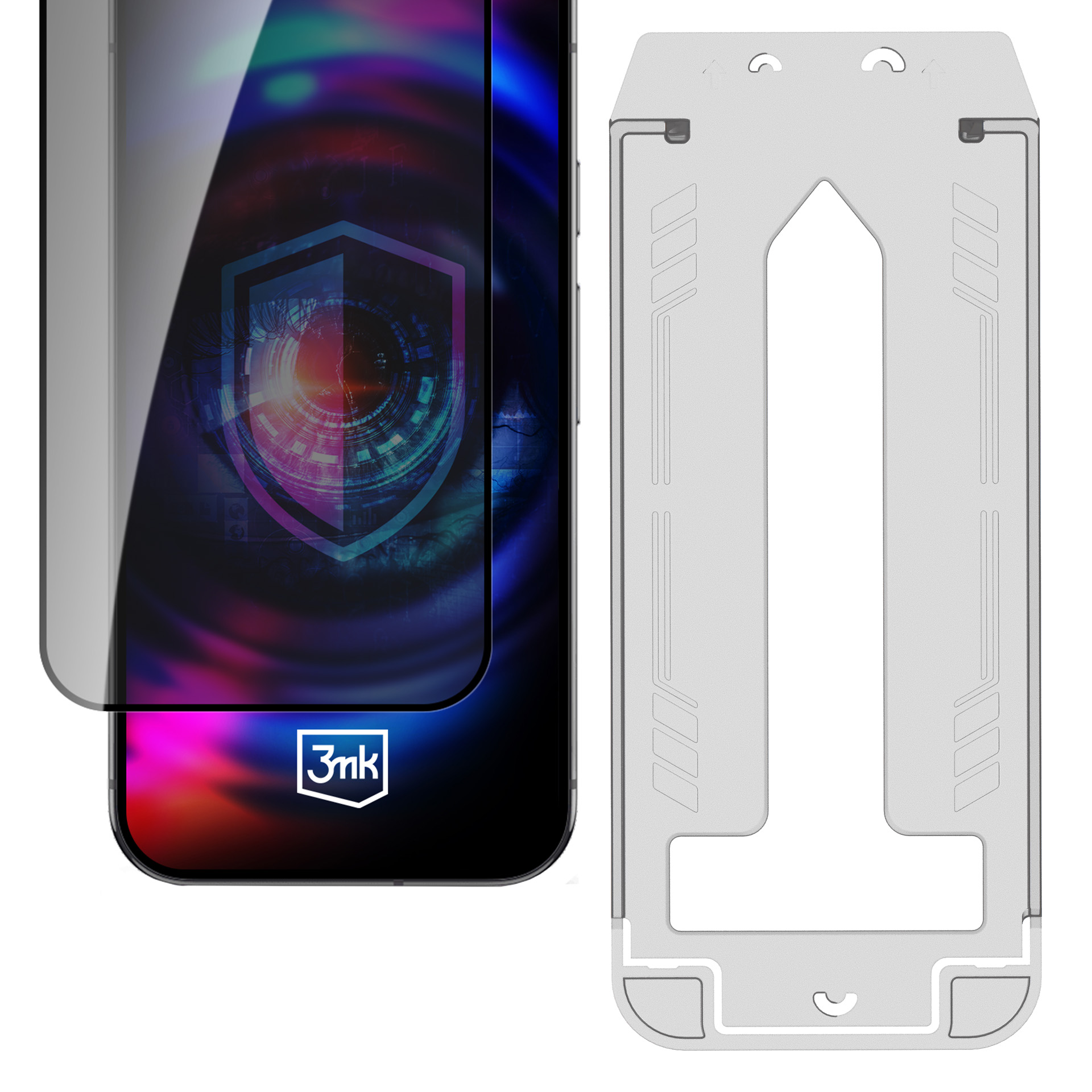Telefon z ochraniaczem ekranu obok srebrnego stojaka na telefon. Ekran pokazuje cyfrowe oko.