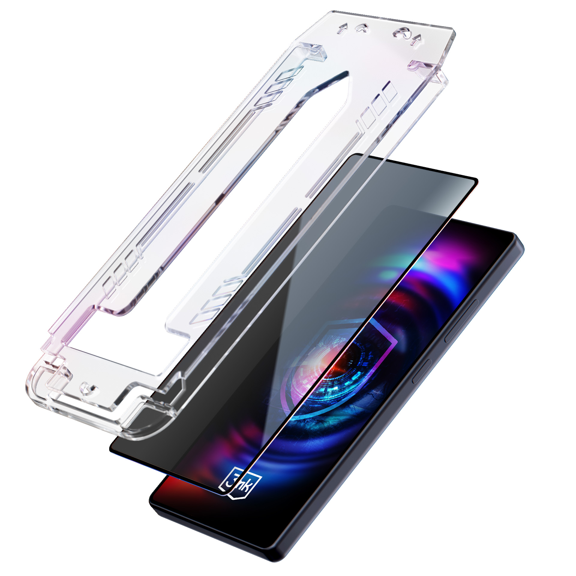 Telefon z ochraniaczem ekranu i przezroczystym etui. Ekran telefonu wyświetla kolorową grafikę. Etui jest przezroczyste.