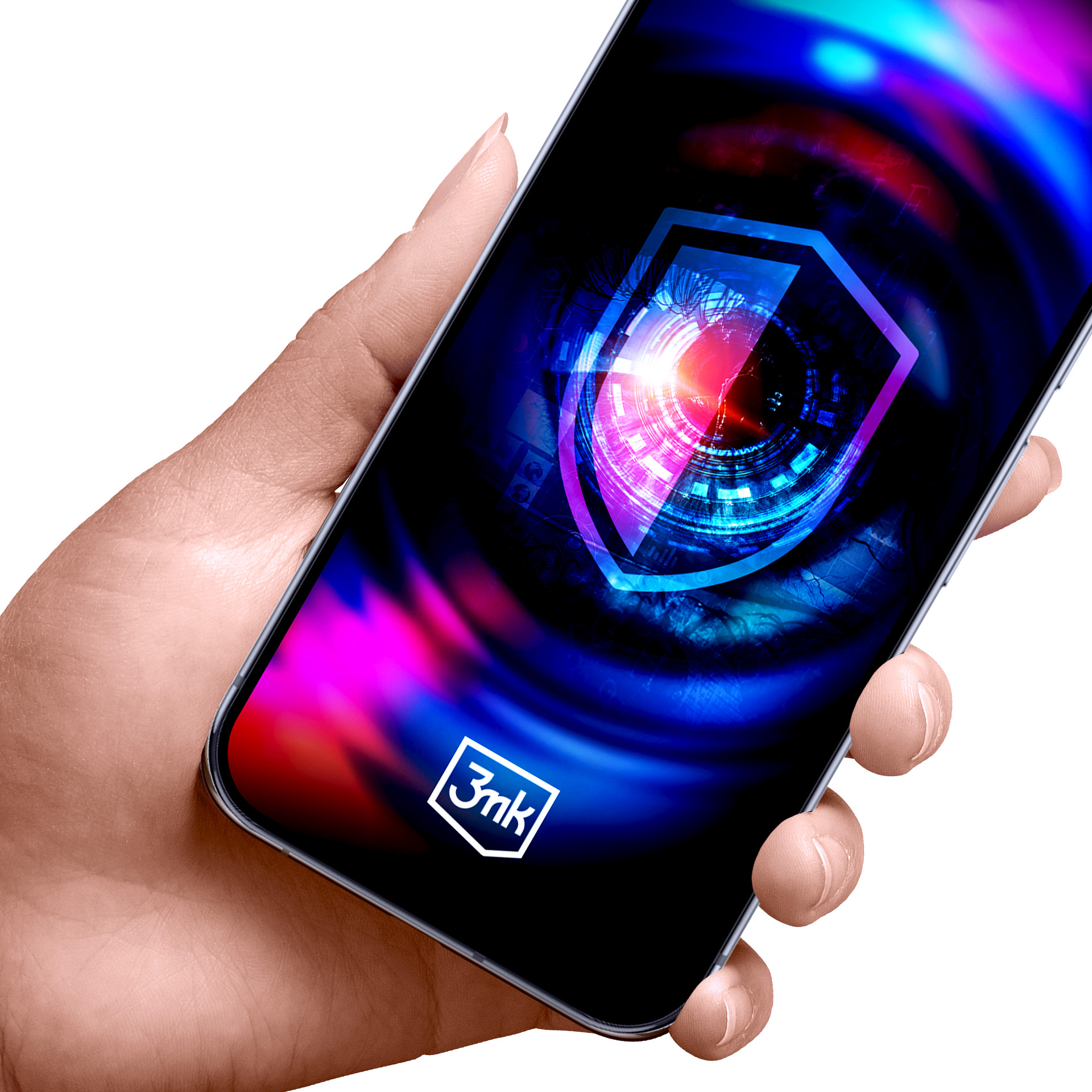 Ręka trzymająca telefon z ikoną tarczy na ekranie. Ekran wyświetla niebieski, fioletowy i czerwony wzór.