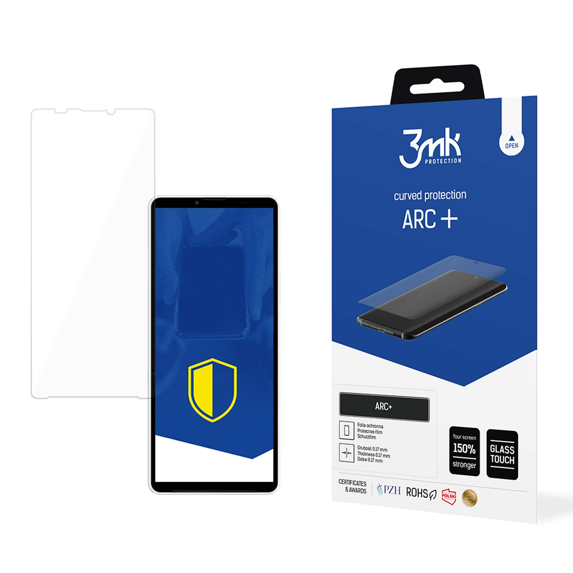 Confezione di protezione schermo con telefono, protezione e telefono a sinistra.
