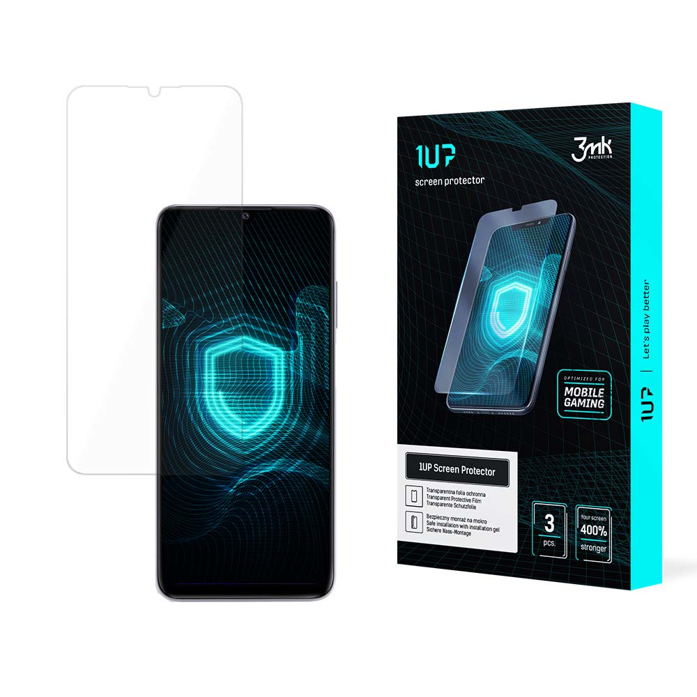 Un telefono e una protezione per lo schermo vengono visualizzati con una confezione del prodotto. Lo schermo del telefono mostra un design a scudo. La scatola ha un marchio.