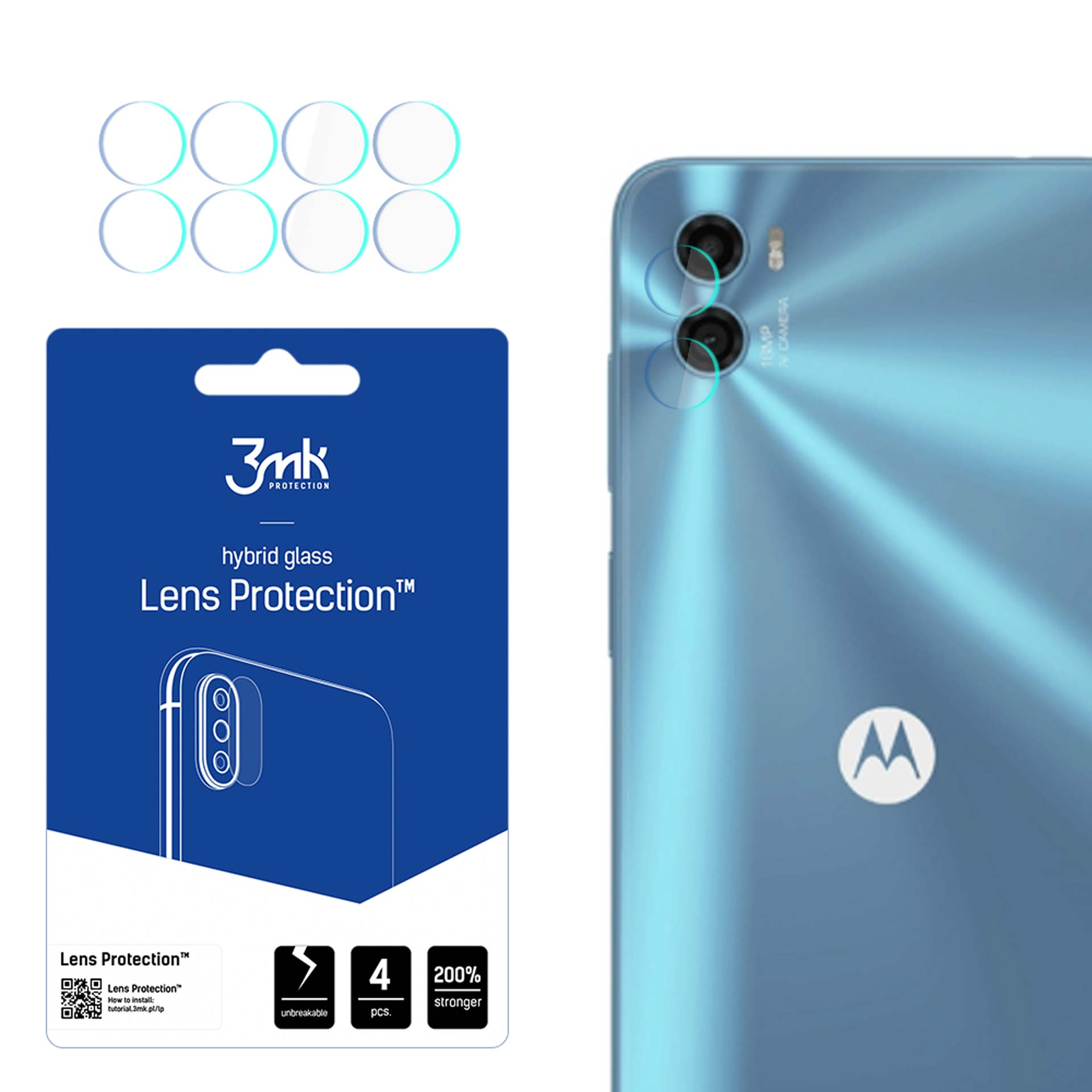 L'immagine mostra un telefono e una protezione per lo schermo. La protezione è blu con un logo bianco e cerchi.