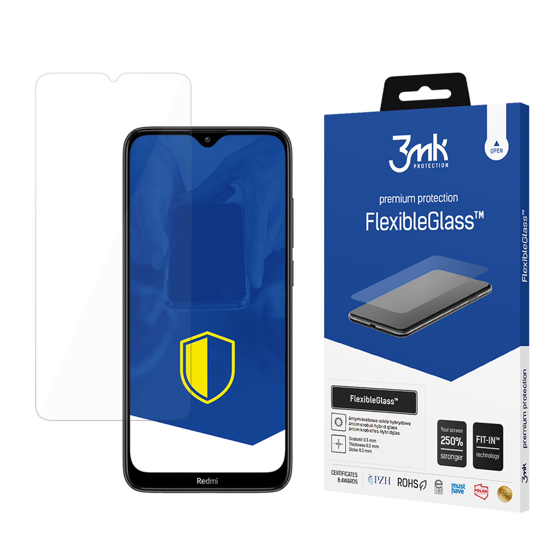 Un proteggi schermo per telefono e una scatola. La scatola è blu con testo bianco. Il telefono è nero con schermo blu.