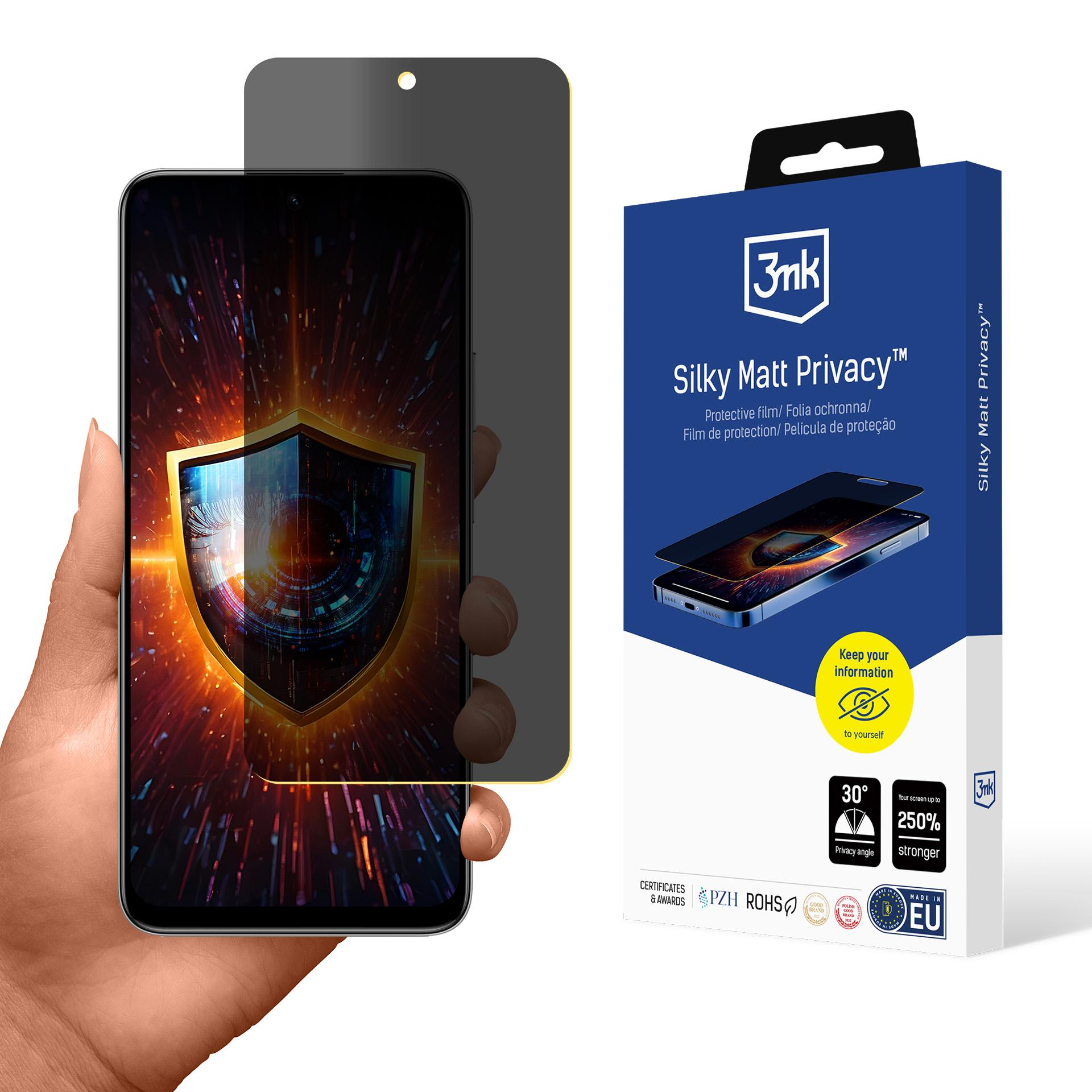 Mano che tiene un telefono con protezione schermo. Scatola con informazioni sul prodotto a destra.