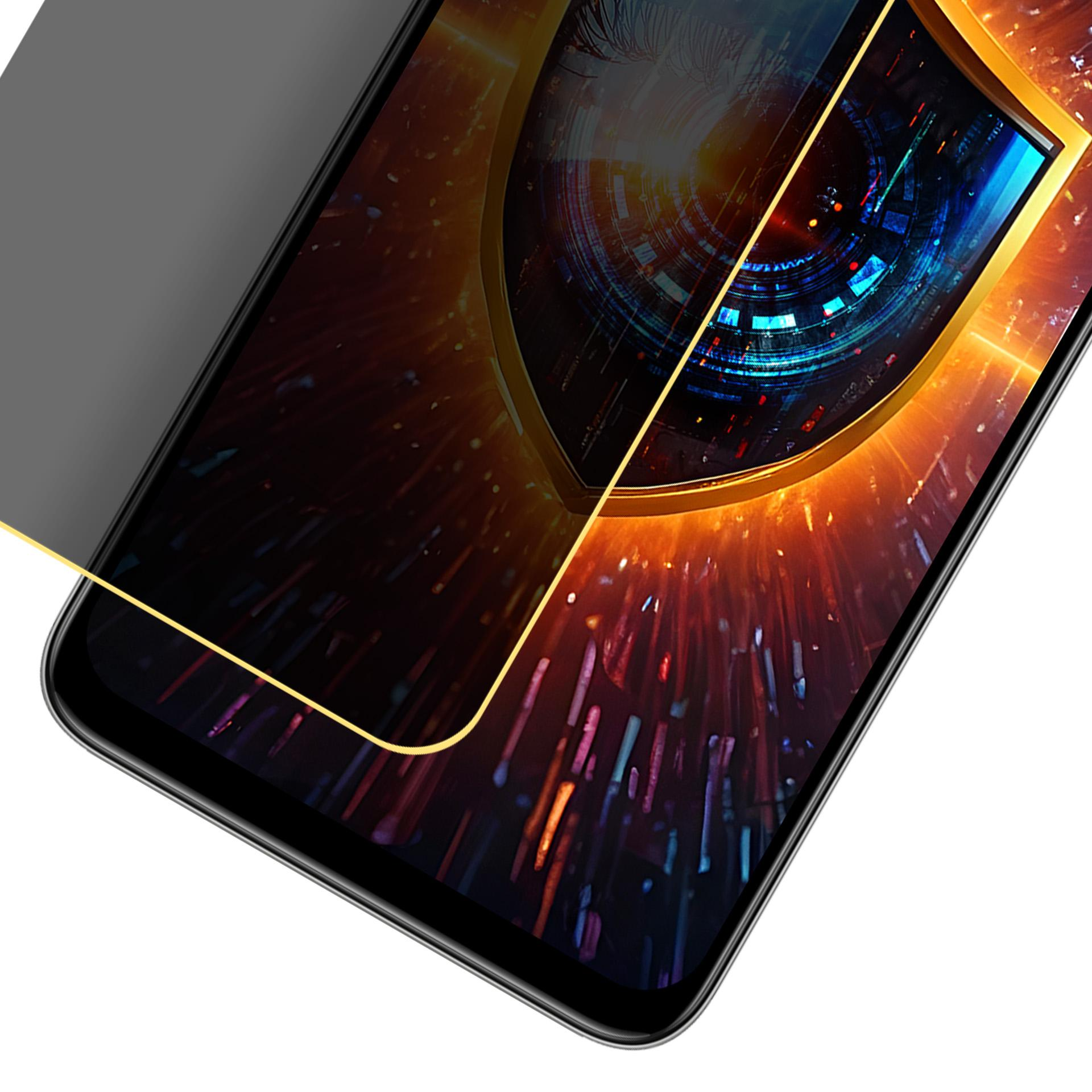 Schermo di smartphone con pellicola protettiva. Mostra un design astratto, colorato e futuristico.