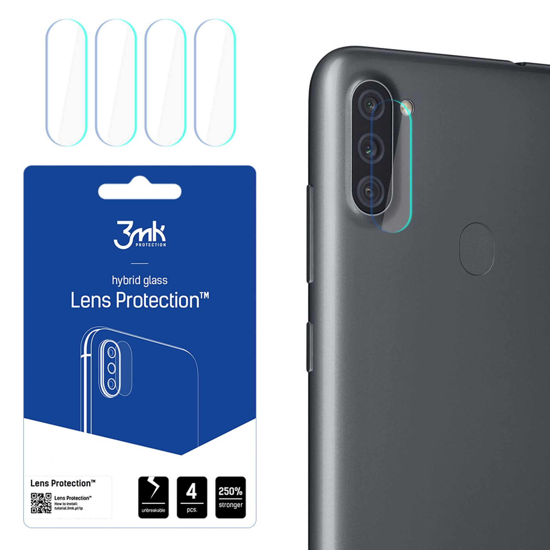 L'immagine mostra una protezione per l'obiettivo della fotocamera del telefono e un telefono. La protezione è in una confezione con il marchio.