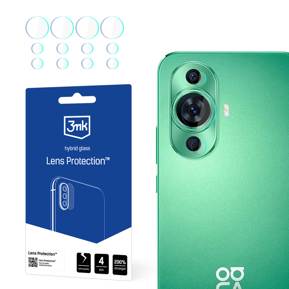 Un telefono con retro verde, una confezione di protezione per lenti e diversi proteggi lenti. La confezione dice 'Lens Protection' e '3mk'.