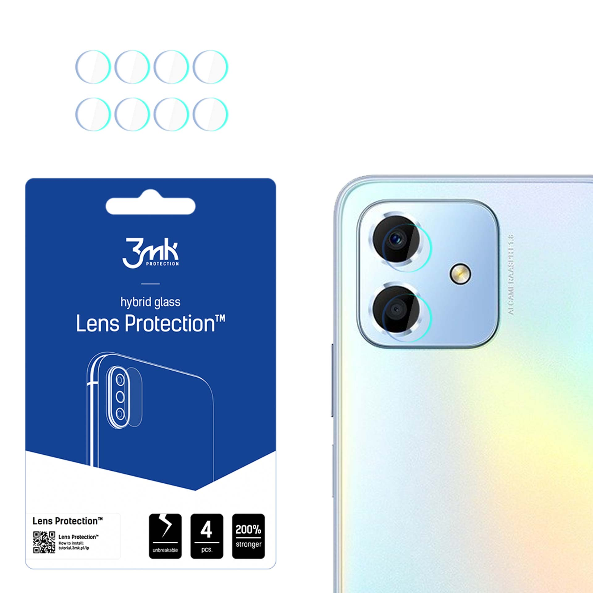 L'immagine mostra un telefono con protezione lente, una confezione del prodotto e protezioni lente. La confezione è blu.