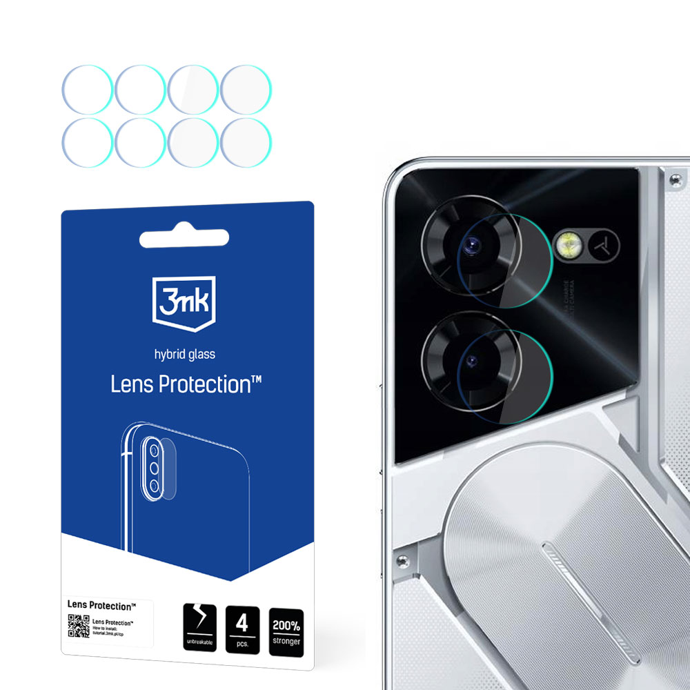 L'immagine mostra un telefono con protezioni per lenti. Un pacchetto blu con la scritta 'Lens Protection' è accanto al telefono.