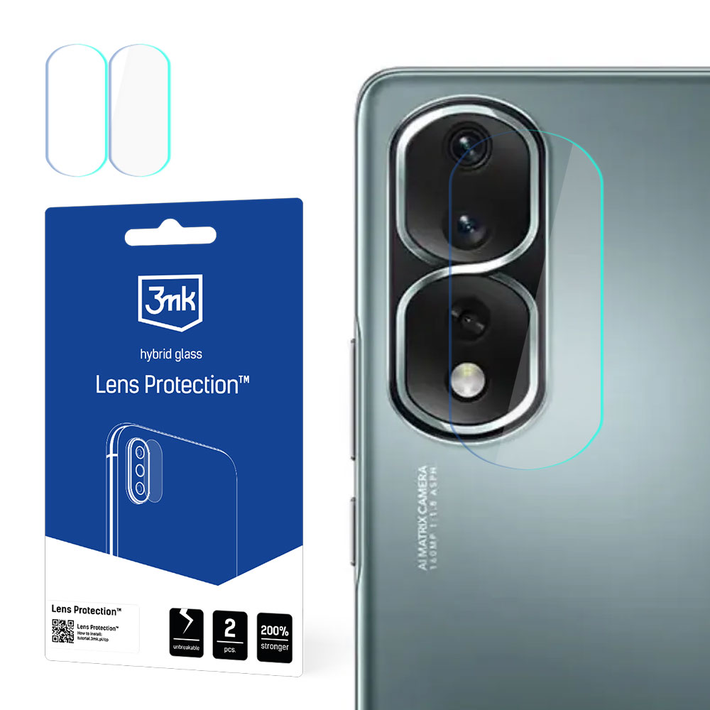 L'immagine mostra un kit di protezione per lenti della fotocamera del telefono. Il kit include una confezione blu e un telefono con vetro protettivo applicato.