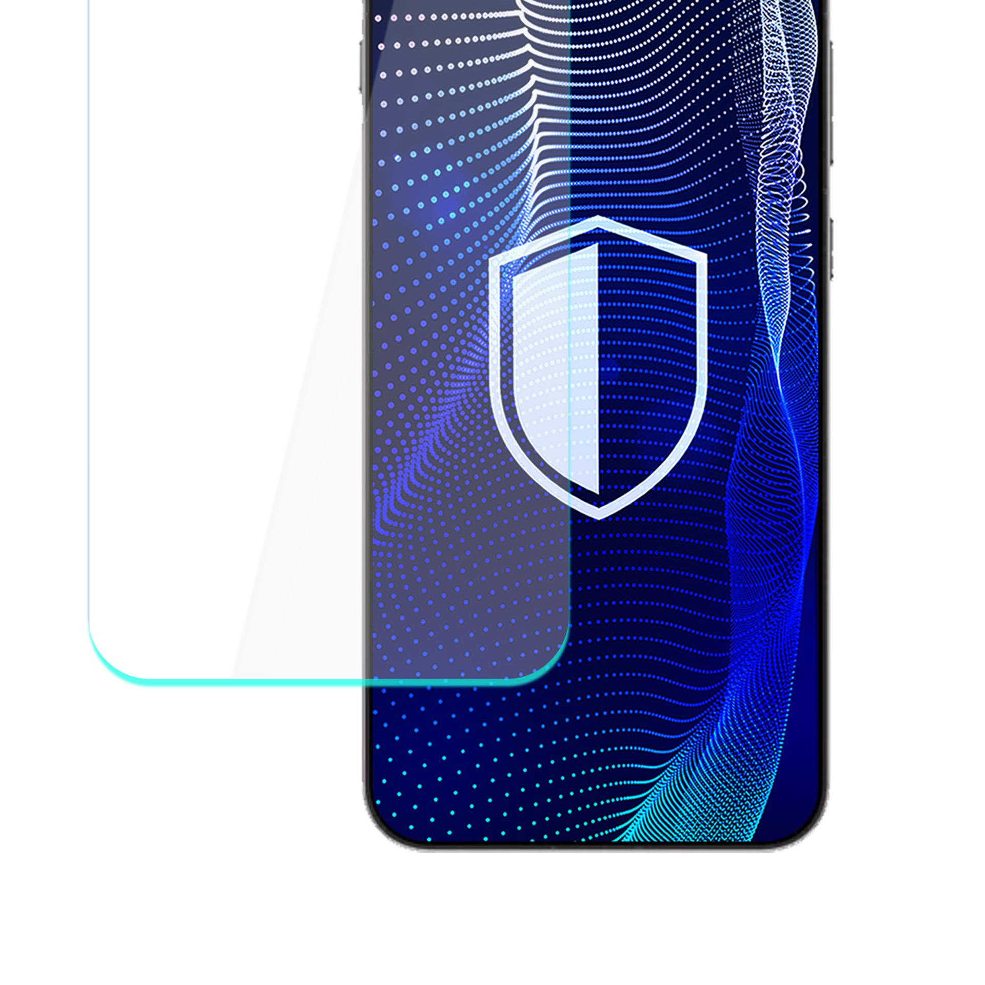 Telefon z ochraniaczem ekranu. Widoczna grafika tarczy. Tło jest niebieskie z białymi kropkami.