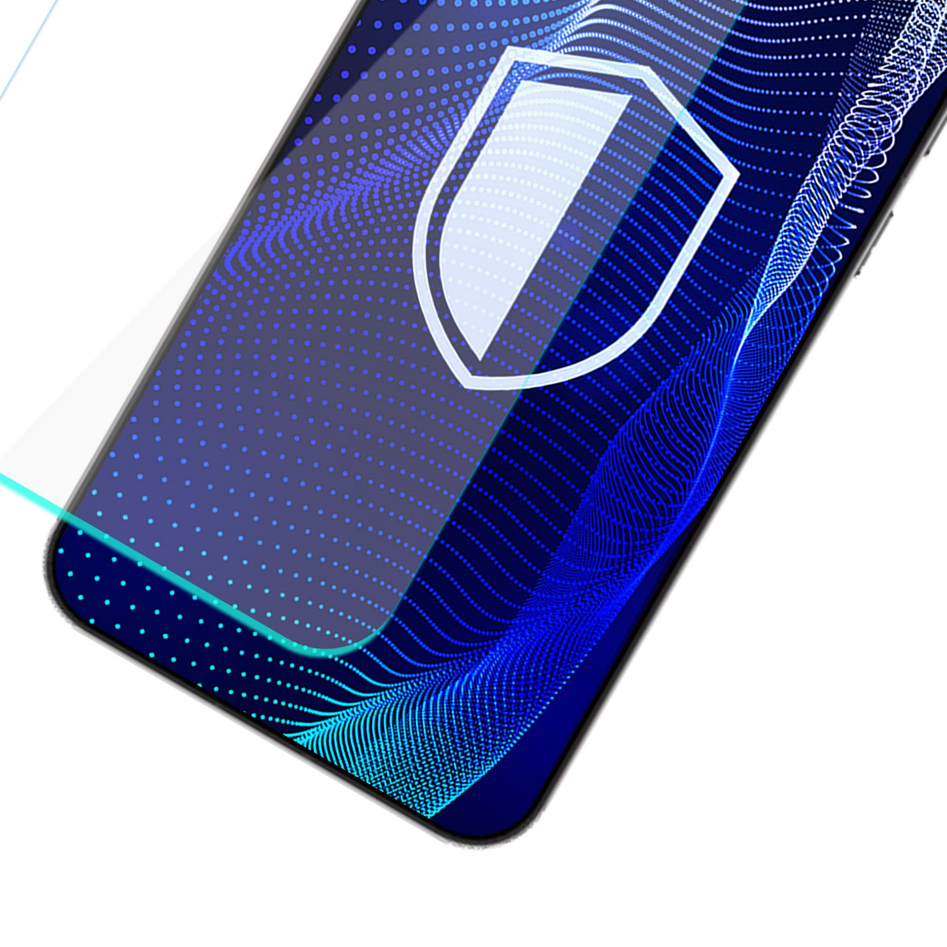 Smartfon z logo tarczy na ekranie. Ekran ma niebieski wzór i szklaną osłonę.