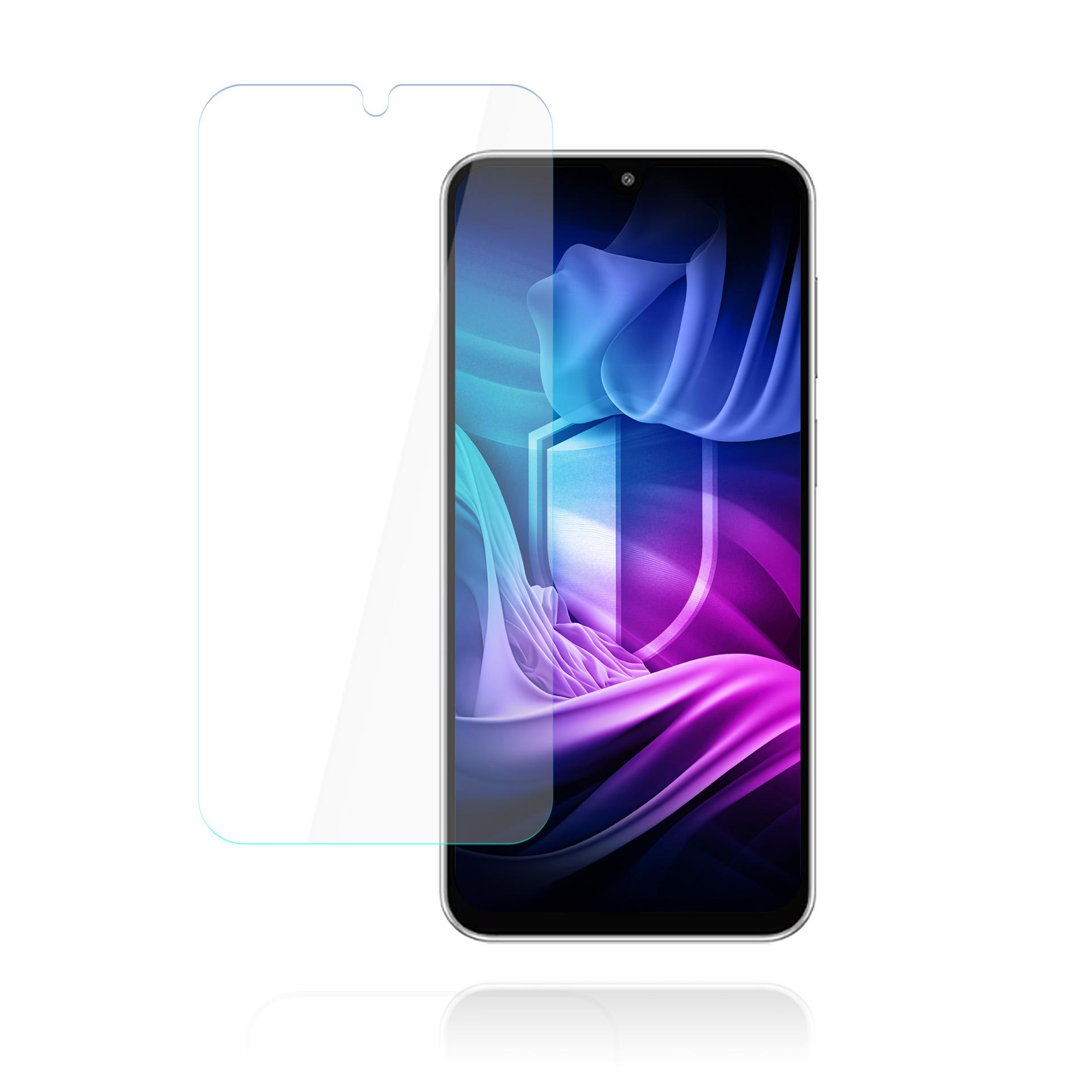 Uno smartphone con protezione schermo. Lo schermo mostra un'immagine astratta colorata. La protezione è trasparente.