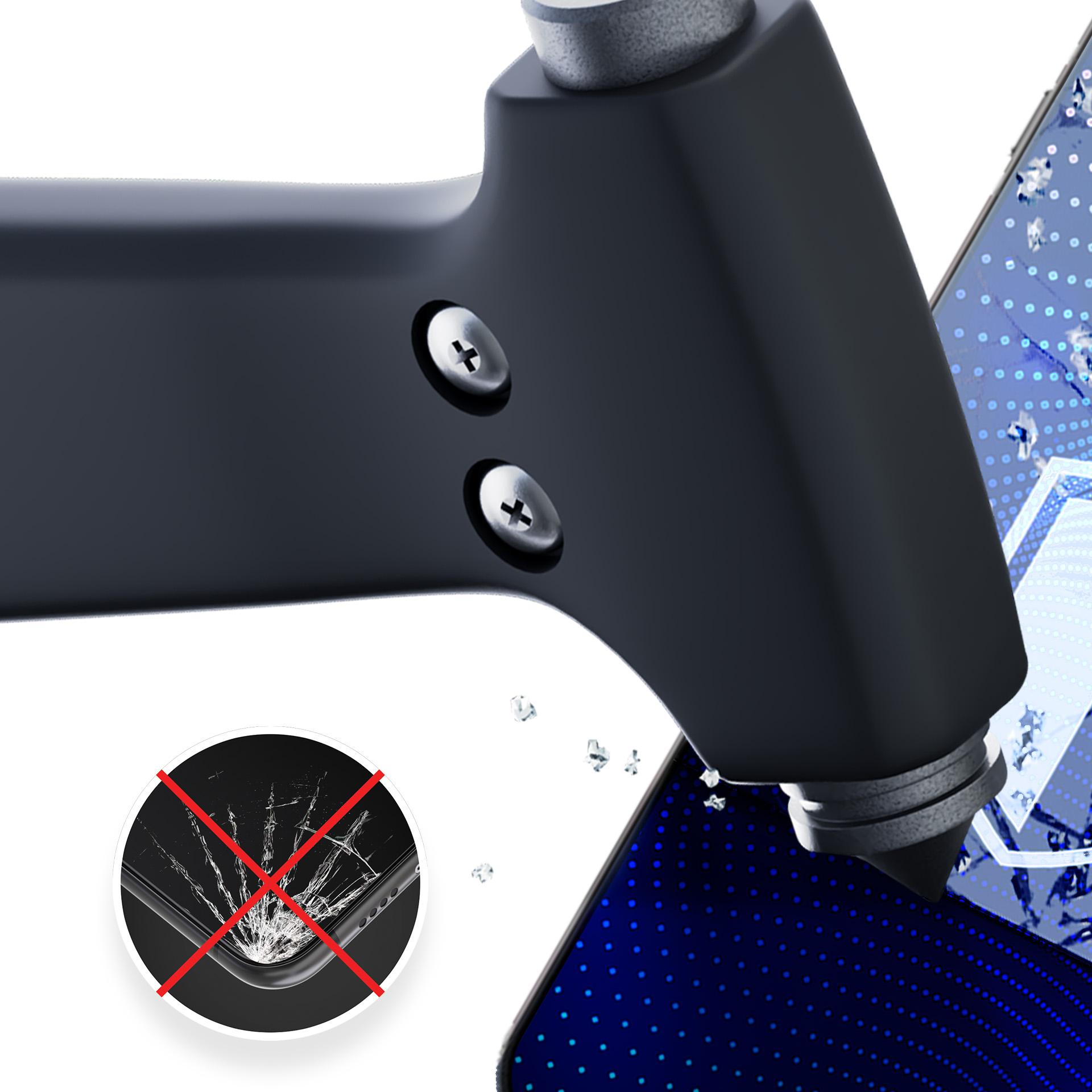 Telefon jest uderzany przez młotek. Pęknięty telefon jest skreślony. Ekran telefonu jest niebieski.