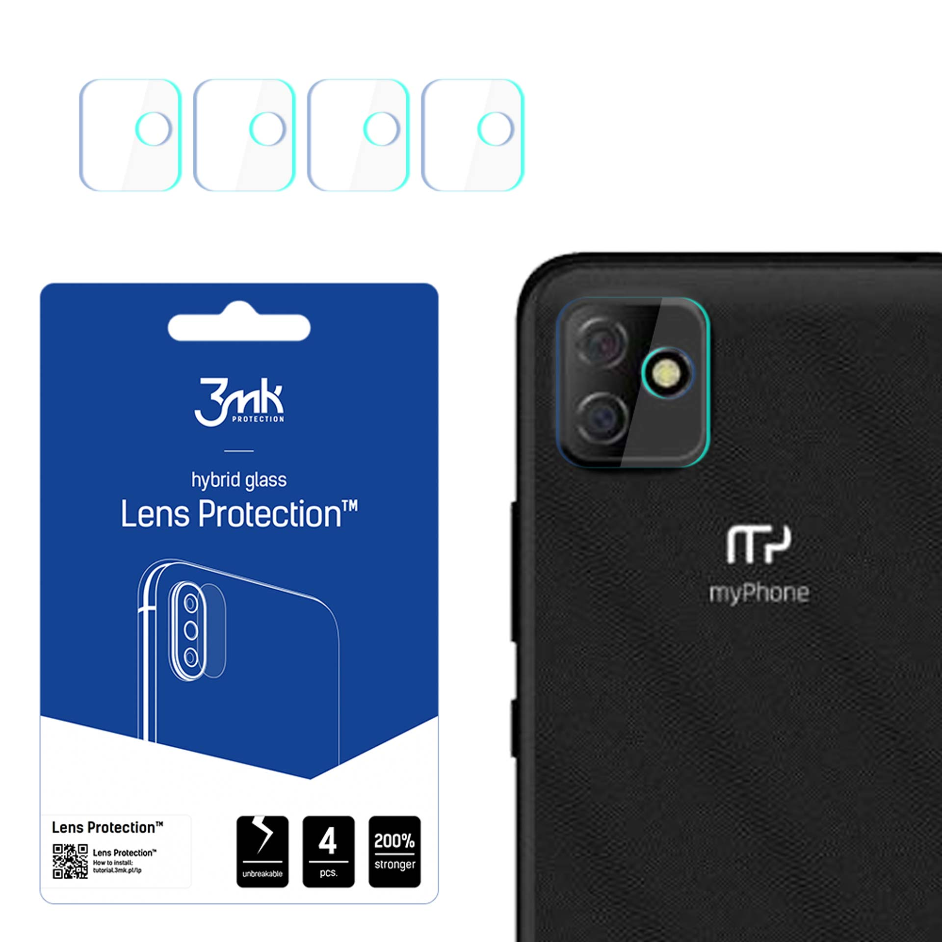 L'immagine mostra un telefono con protezione schermo, una confezione del prodotto e un telefono con lenti della fotocamera.