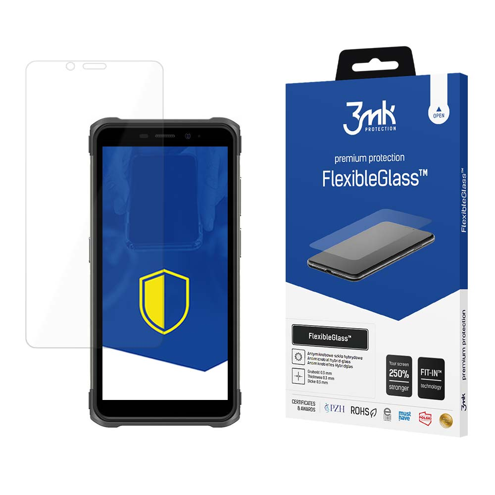 Un telefono e una protezione schermo sono esposti. Una scatola blu mostra un telefono. Testo: 'FlexibleGlass', 'premium protection'.