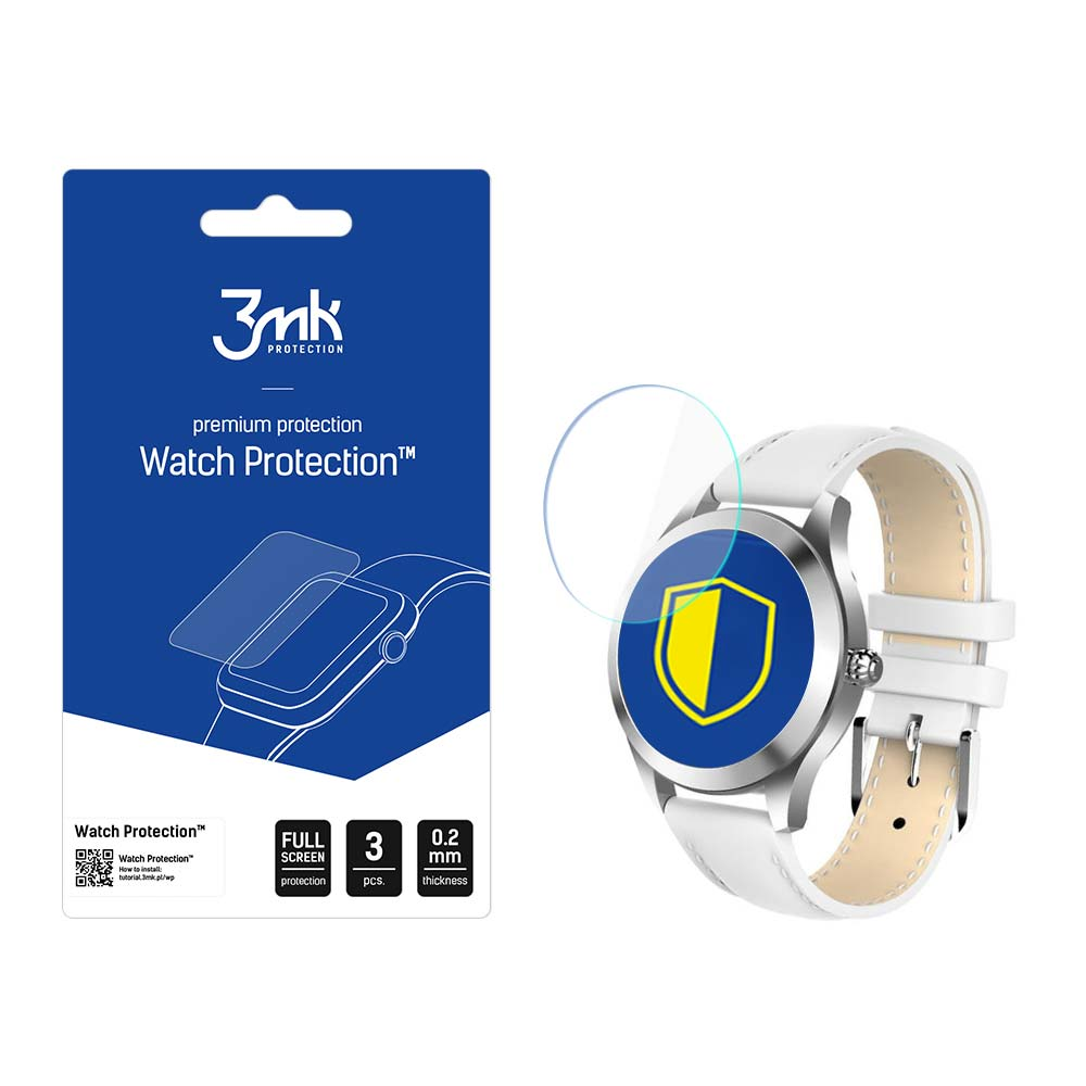 Un orologio con cinturino bianco e protezione schermo blu. È visibile anche la confezione della protezione.